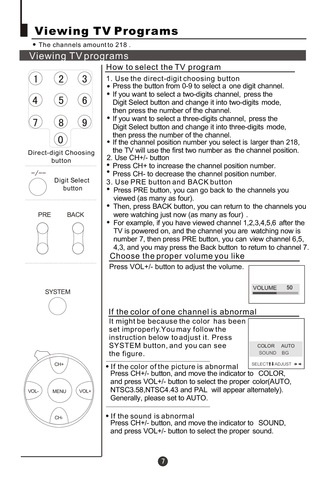 Haier 29FA10-AM Viewing TV Programs, Viewing TV programs, How to select the TV program, Choose the proper volume you like 