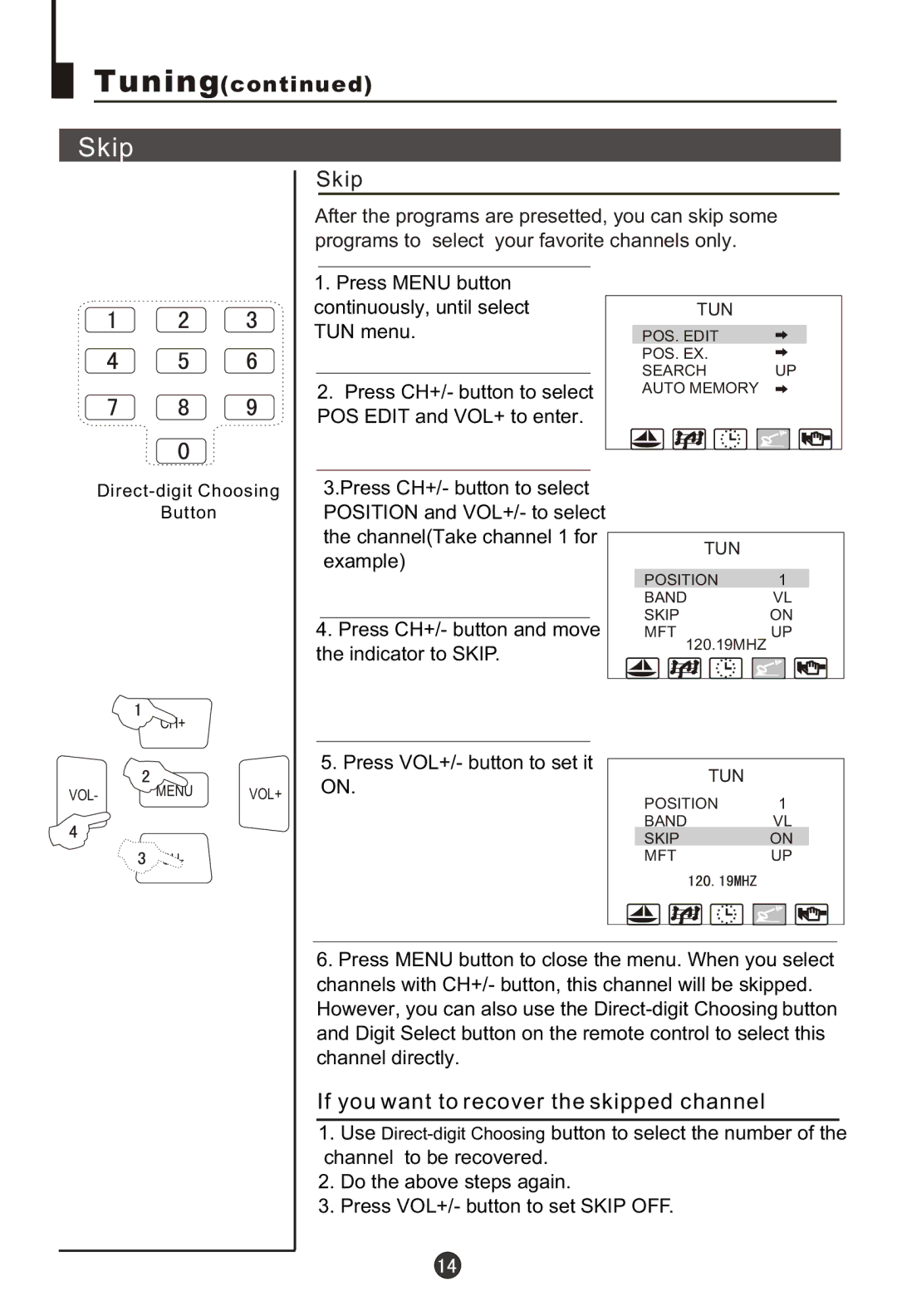 Haier 29MT1, 29FA18 owner manual Skip, If you want to recover the skipped channel, Press VOL+/- button to set it 