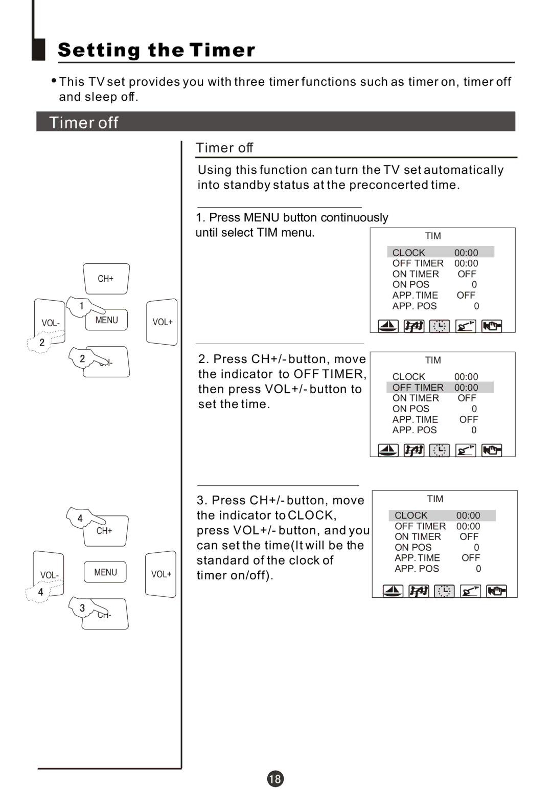 Haier 29MT1, 29FA18 owner manual Setting the Timer, Timer off 