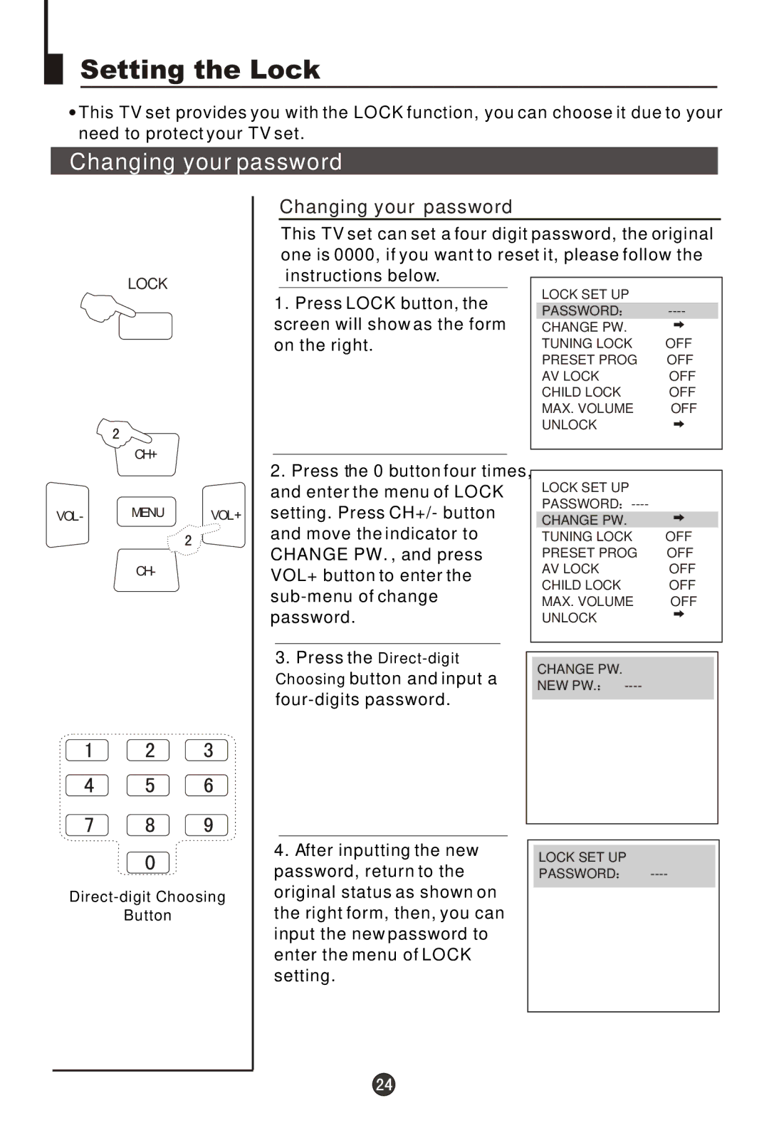 Haier 29MT1, 29FA18 owner manual Setting the Lock, Changing your password 