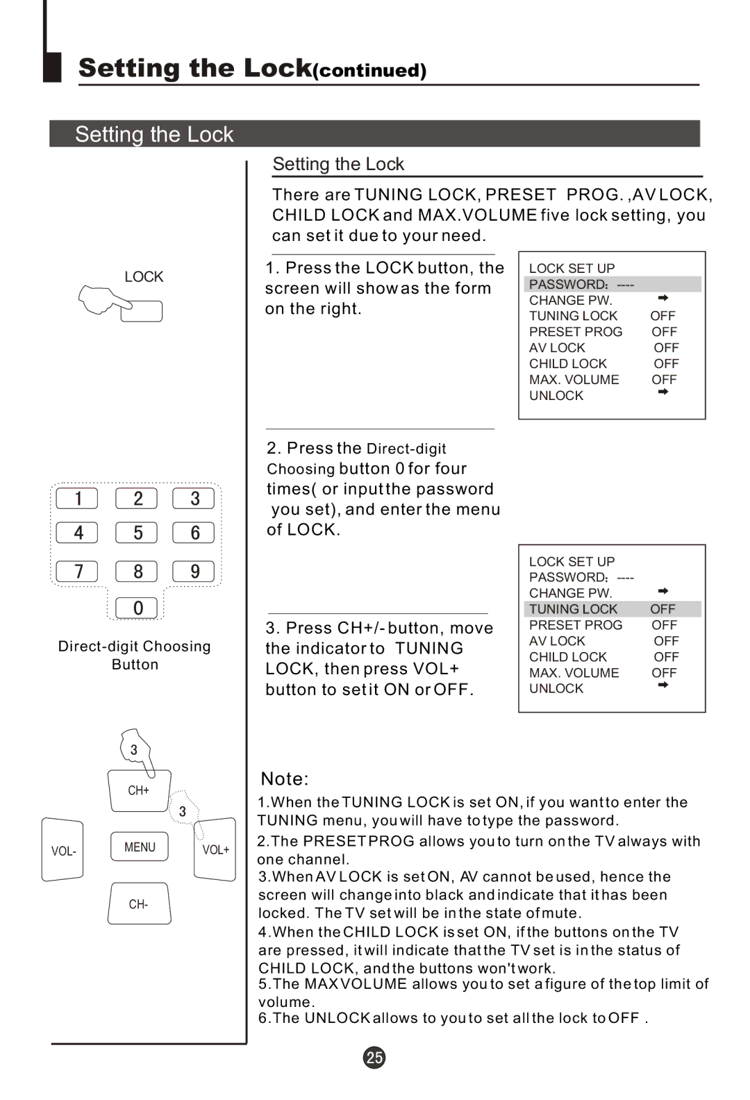 Haier 29FA18, 29MT1 owner manual Setting the Lock 