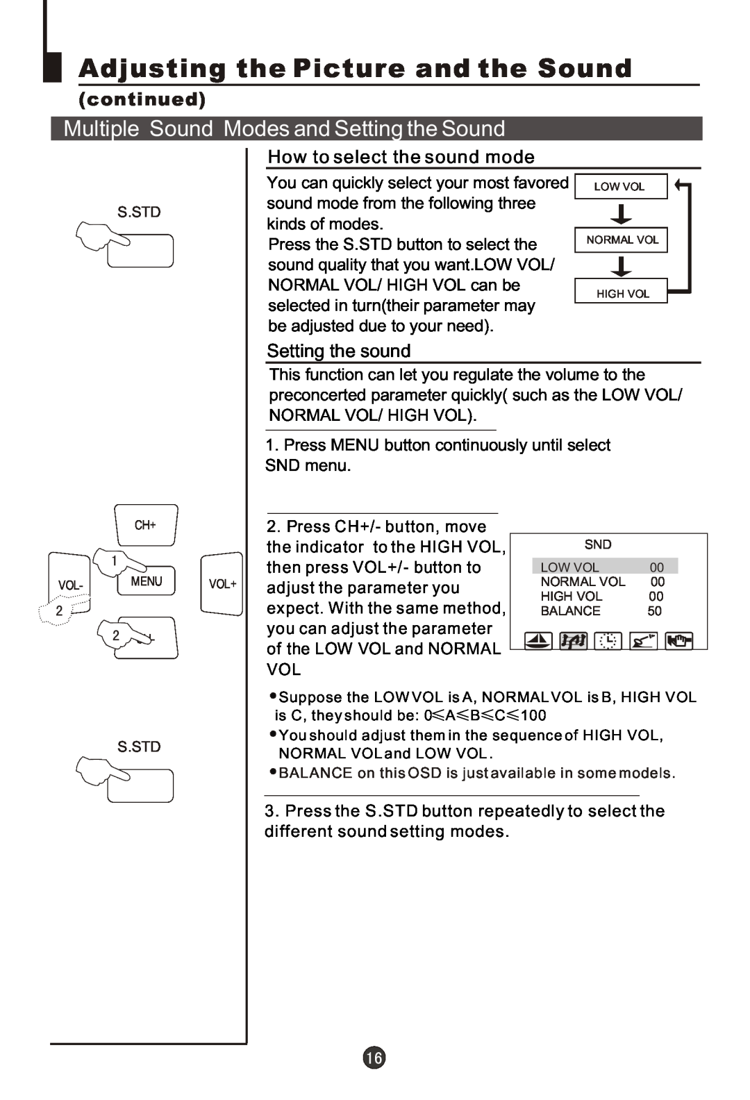 Haier 29MT1, 29FA18 owner manual Adjusting the Picture and the Sound, Multiple Sound Modes and Setting the Sound, continued 