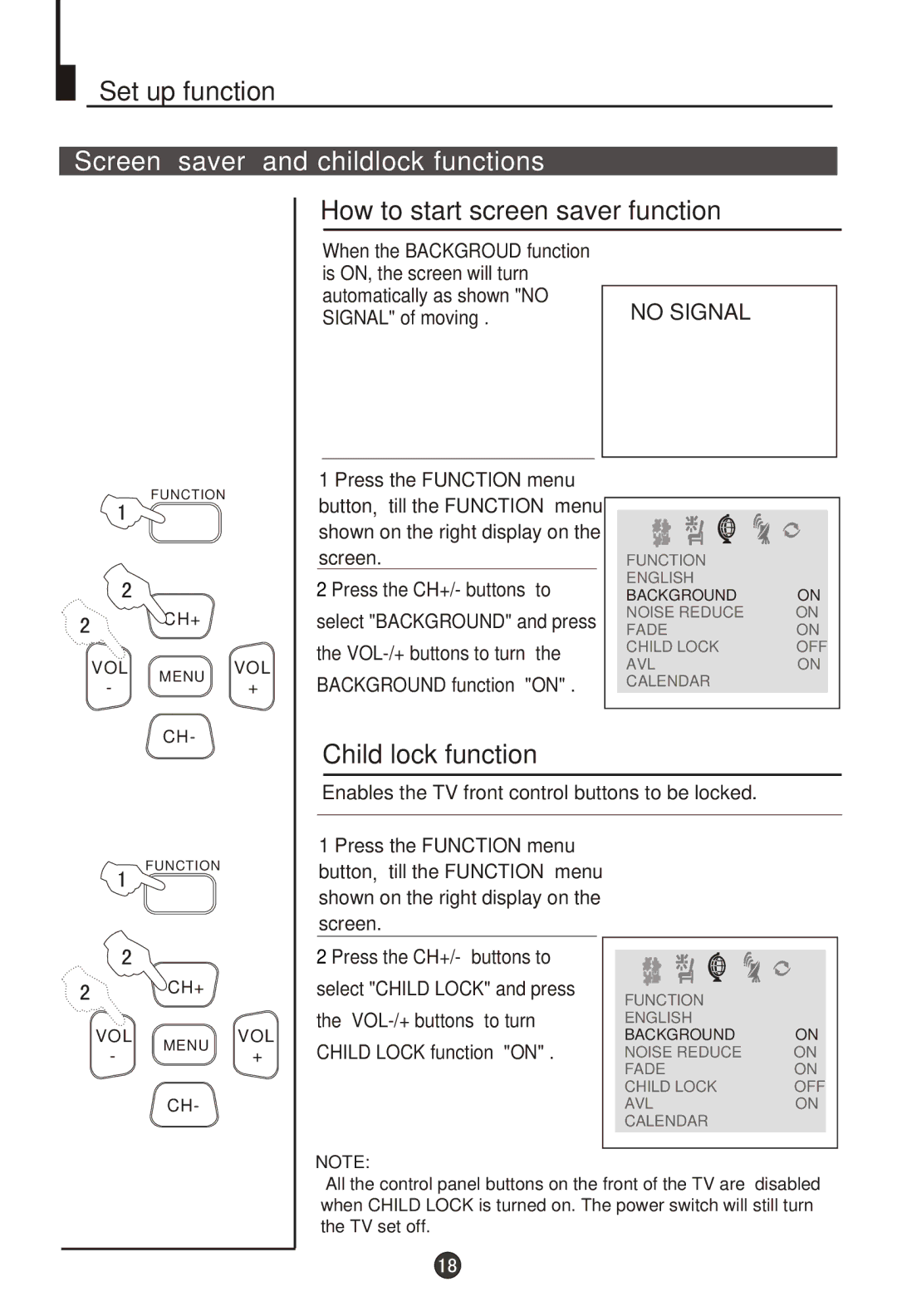 Haier 29T9D Set up function, Screen saver and childlock functions, How to start screen saver function, Child lock function 