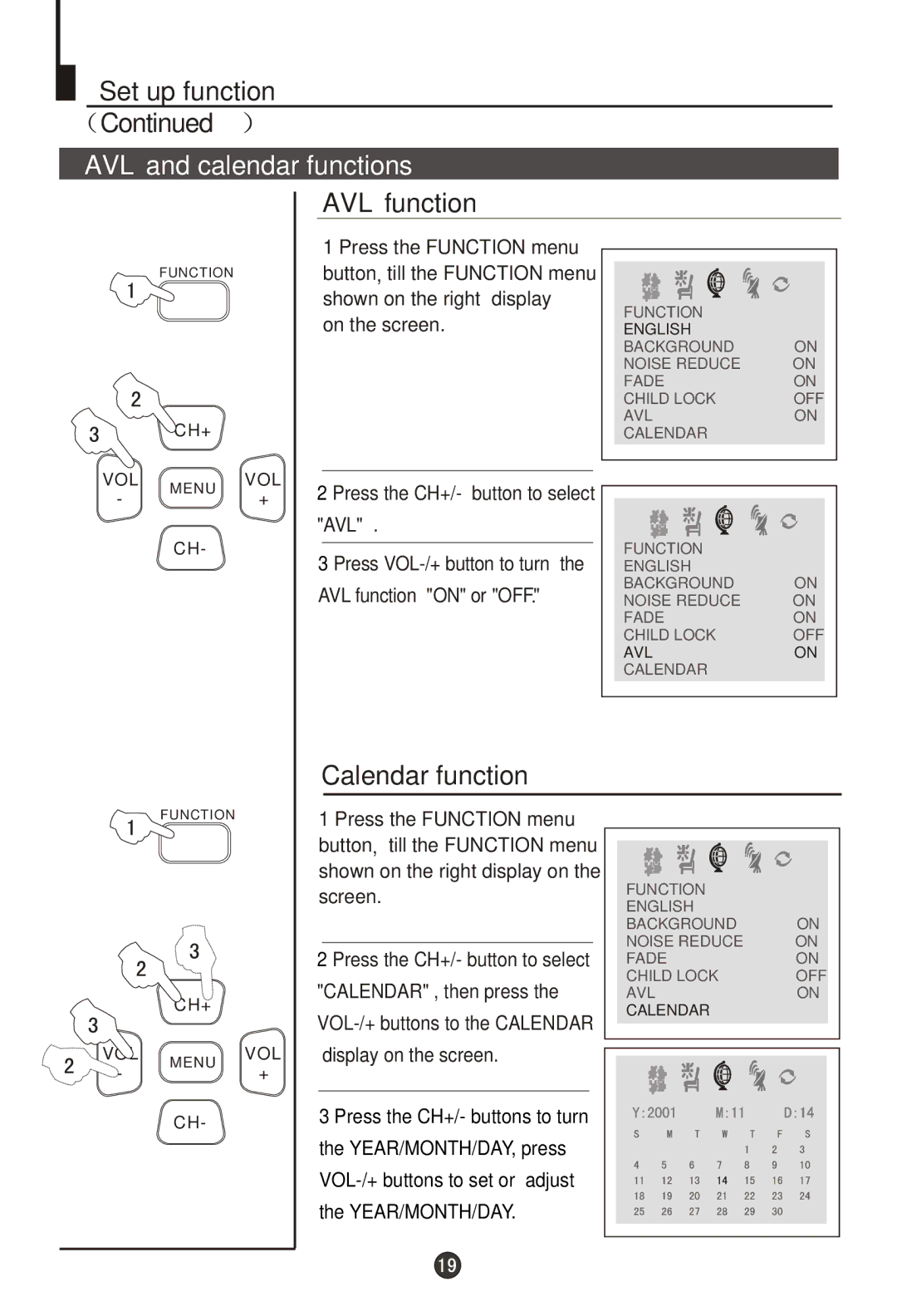 Haier 29T9D-P, 29F9D-P owner manual AVL and calendar functions, AVL function, Calendar function, On the screen 