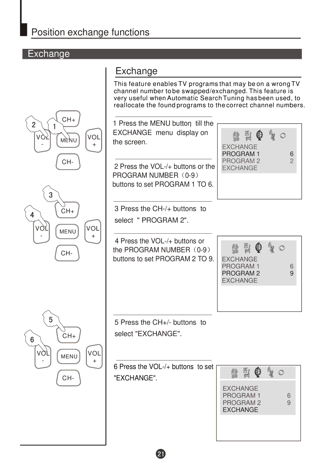 Haier 29T9D-P, 29F9D-P owner manual Position exchange functions, Exchange, Press the CH-/+ buttons to Select Program 