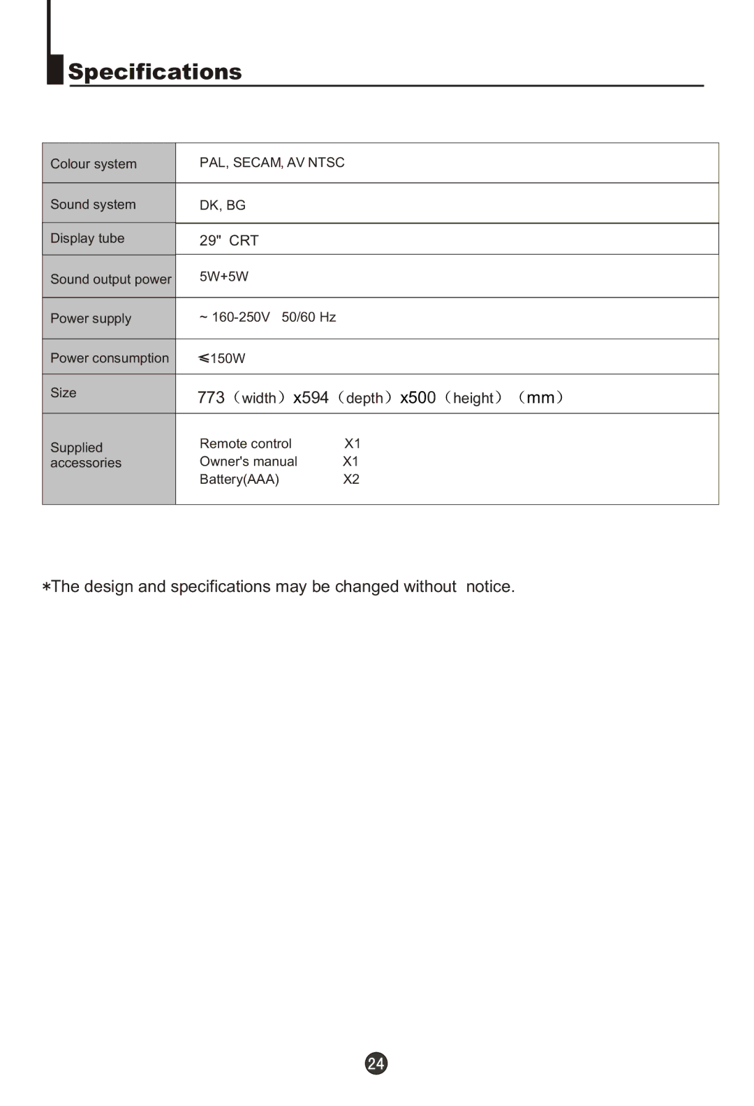 Haier 29F9D-P, 29T9D-P owner manual Specifications, X594, Design and specifications may be changed without notice 