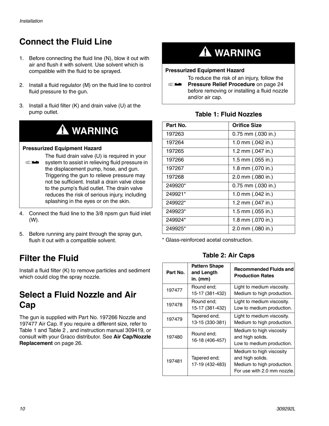 Haier 309292L Connect the Fluid Line, Filter the Fluid, Select a Fluid Nozzle and Air Cap, Orifice Size 