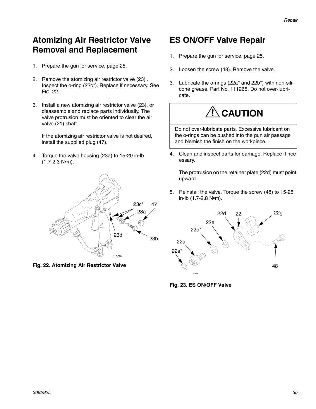 Haier 309292L important safety instructions Atomizing Air Restrictor Valve Removal and Replacement, ES ON/OFF Valve Repair 