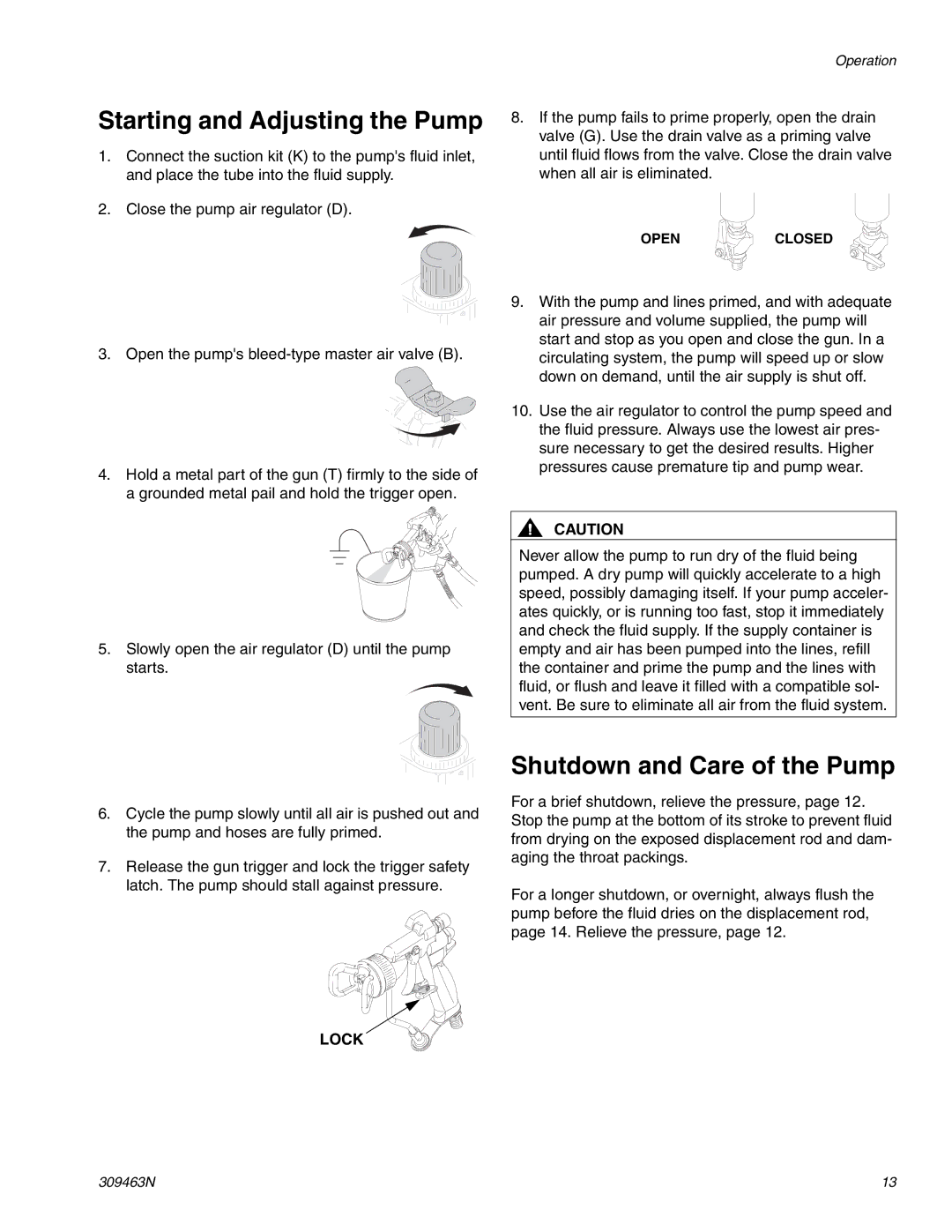 Haier 309463N important safety instructions Starting and Adjusting the Pump, Shutdown and Care of the Pump 