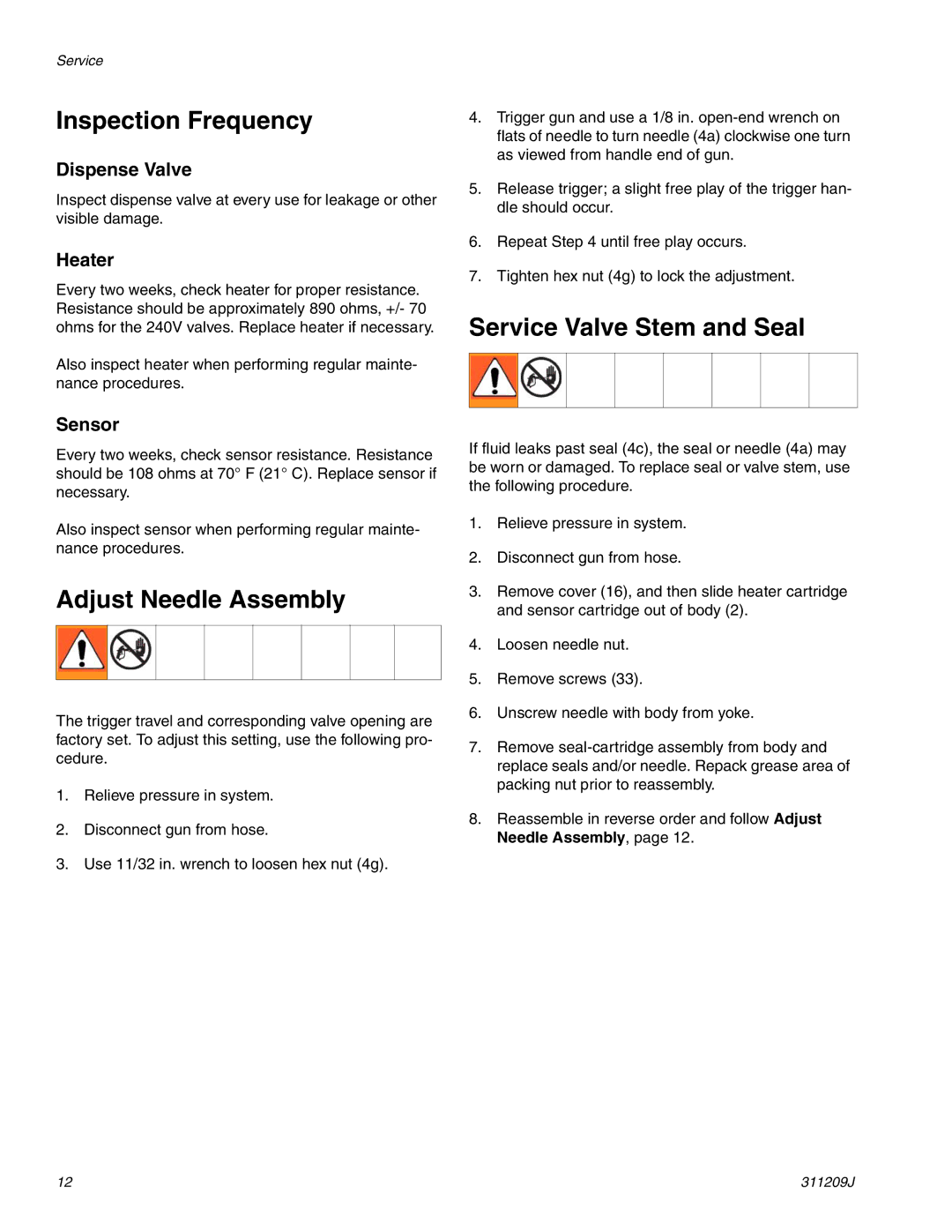 Haier 311209J important safety instructions Inspection Frequency, Service Valve Stem and Seal, Adjust Needle Assembly 