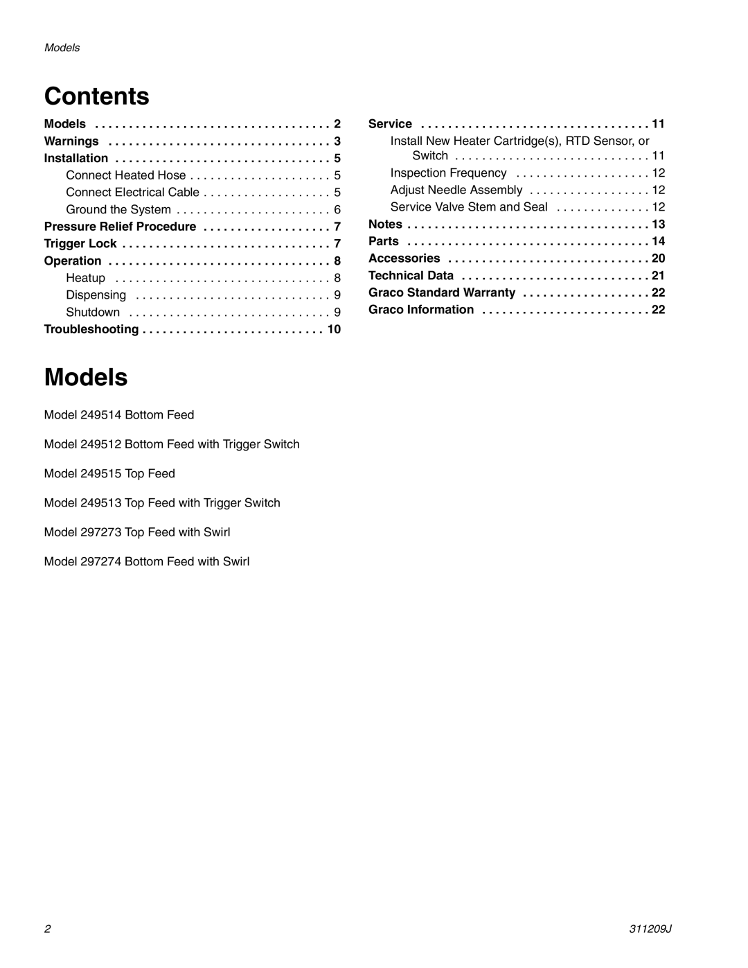 Haier 311209J important safety instructions Contents, Models 