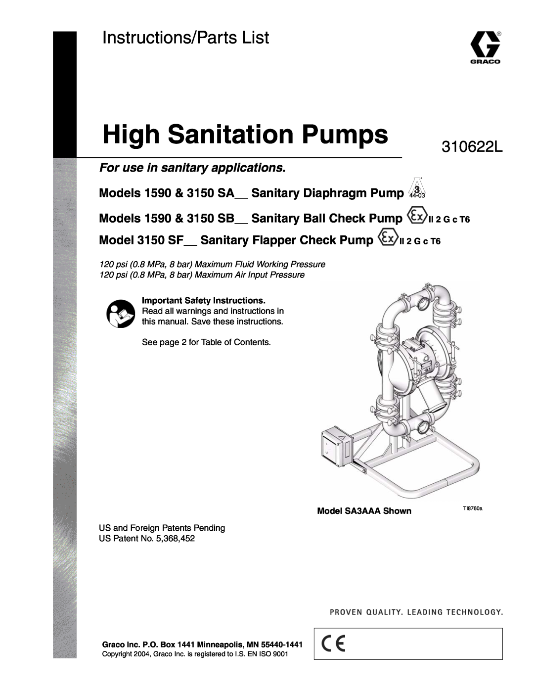 Haier 3150 SF important safety instructions Model SA3AAA Shown, High Sanitation Pumps, Instructions/Parts List, 310622L 