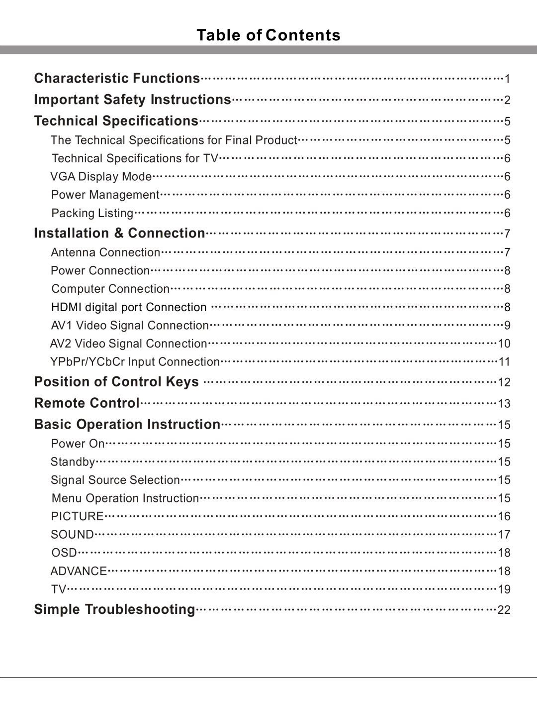 Haier 32T51 important safety instructions Table of Contents 