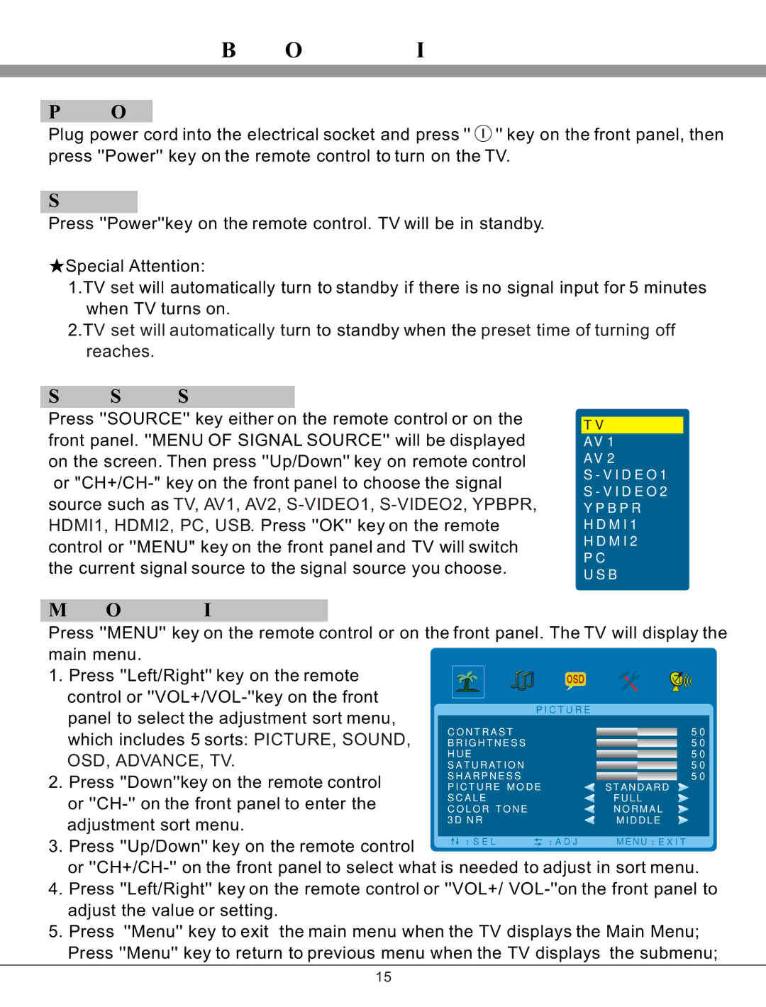 Haier 32T51 Basic Operation Instruction, Power On, Standby, Signal Source Selection, Menu Operation Instruction 