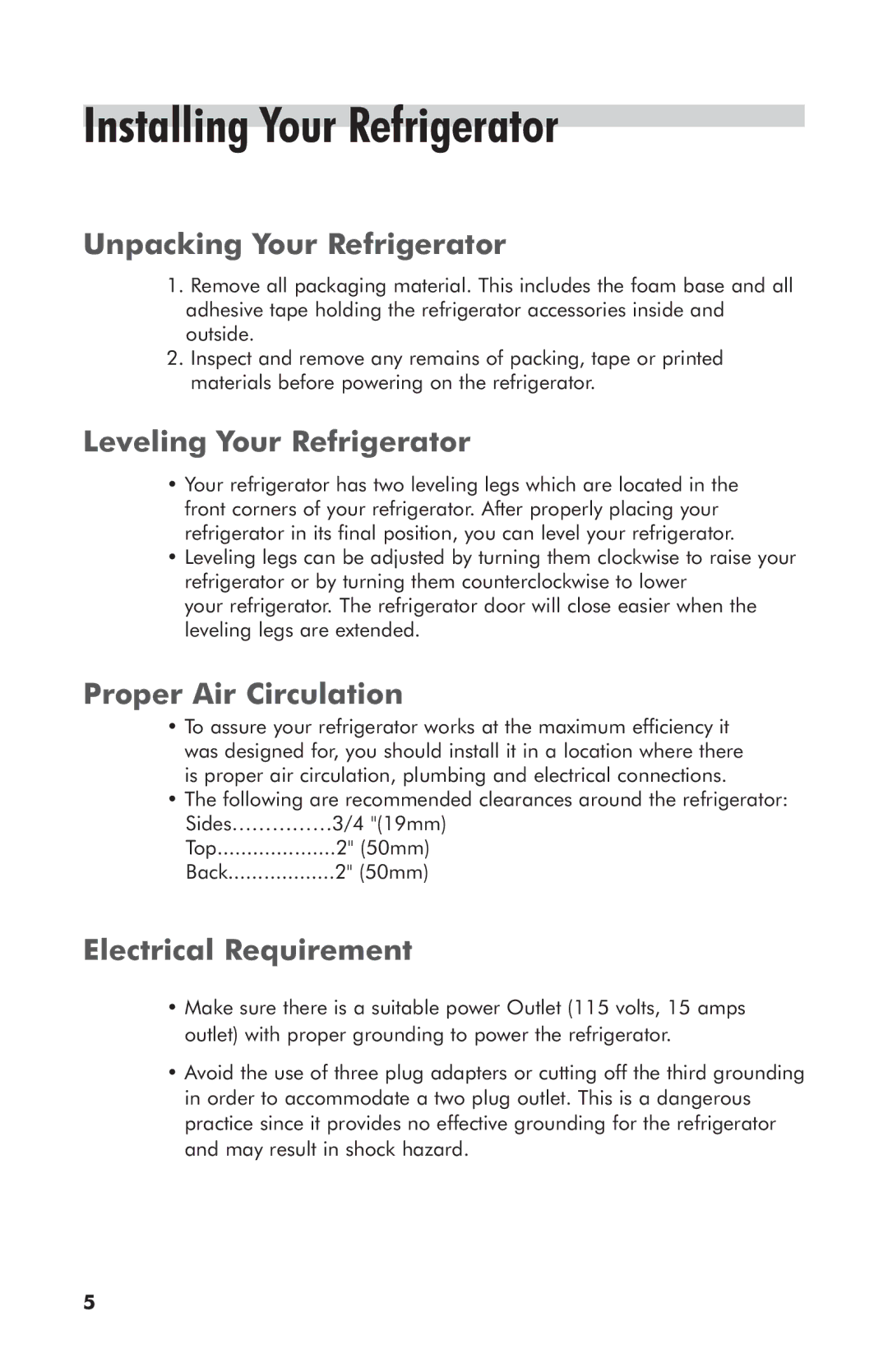 Haier 3590A Installing Your Refrigerator, Unpacking Your Refrigerator, Leveling Your Refrigerator, Proper Air Circulation 