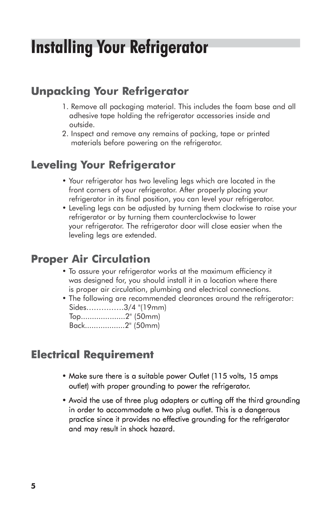 Haier 3590A Installing Your Refrigerator, Unpacking Your Refrigerator, Leveling Your Refrigerator, Proper Air Circulation 