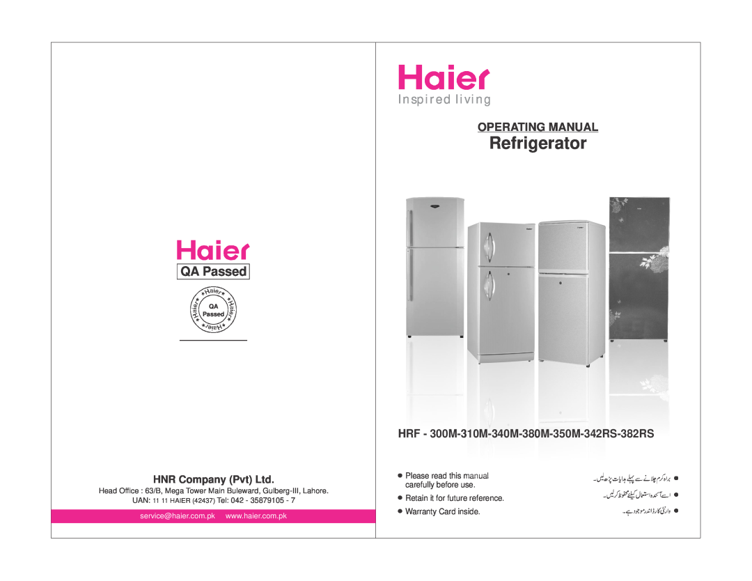 Haier manual Refrigerator, Inspired living, QA Passed, Operating Manual, HRF - 300M-310M-340M-380M-350M-342RS-382RS 
