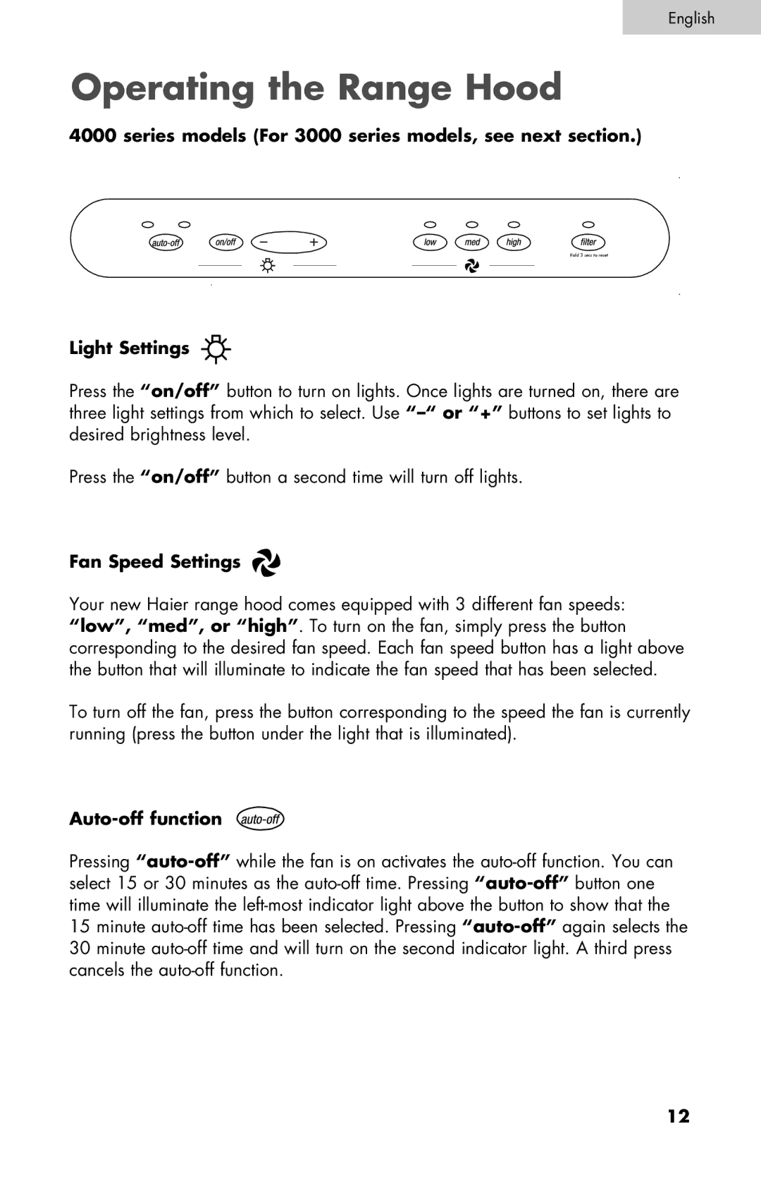 Haier 3000, 4000 user manual Operating the Range Hood, Light Settings 