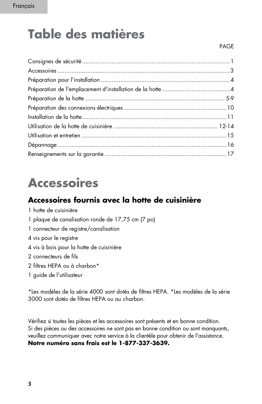 Haier 4000, 3000 user manual Table des matières, Accessoires, Notre numéro sans frais est le 