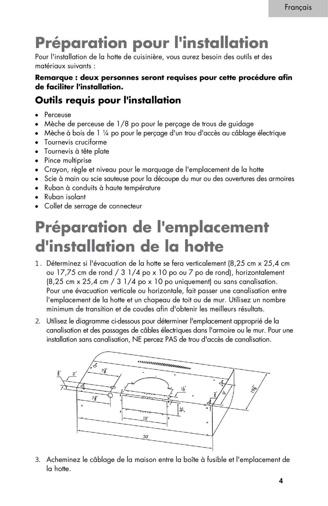 Haier 3000, 4000 user manual Préparation pour linstallation, Préparation de lemplacement dinstallation de la hotte 