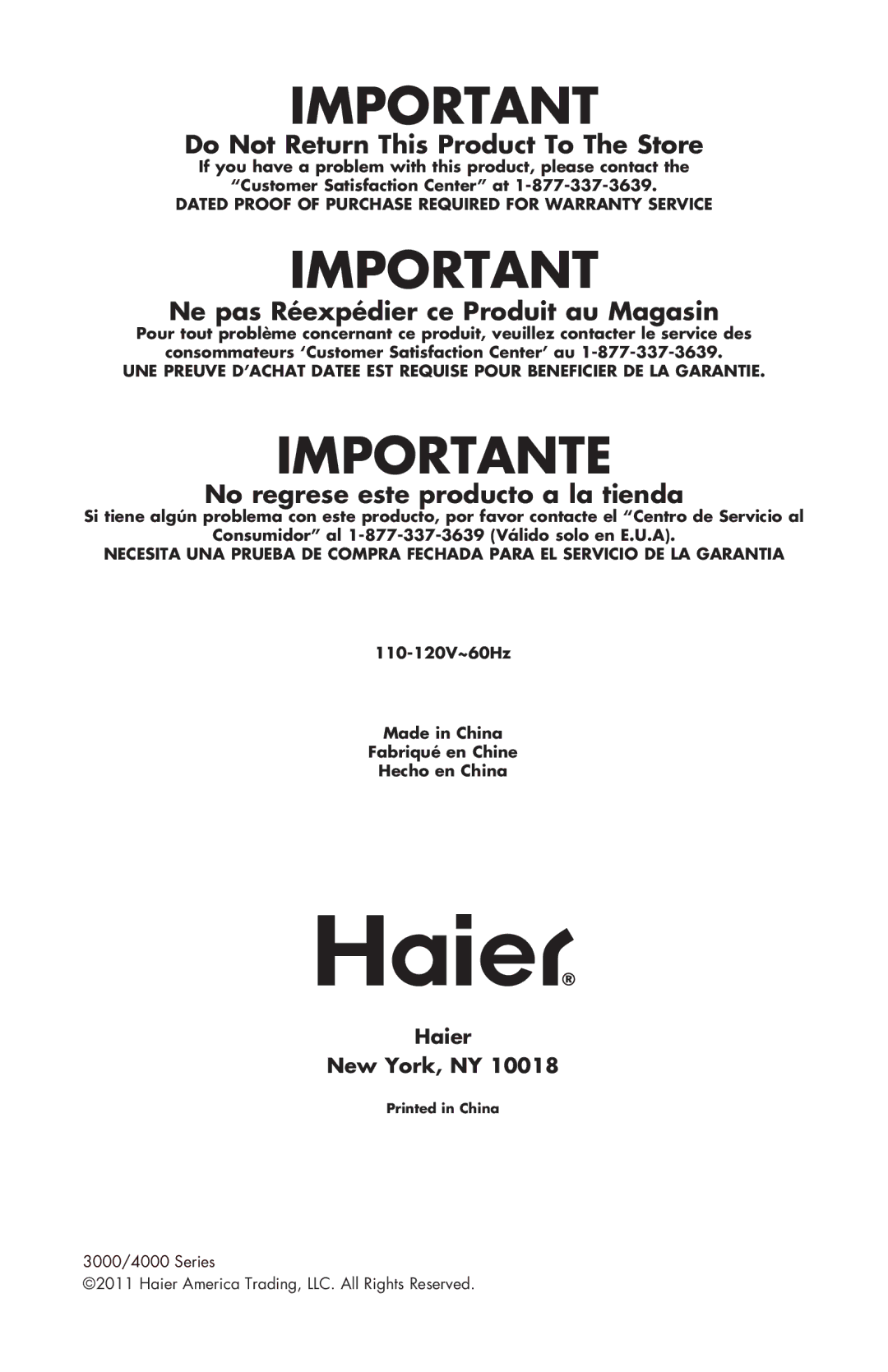 Haier 4000, 3000 user manual Importante 