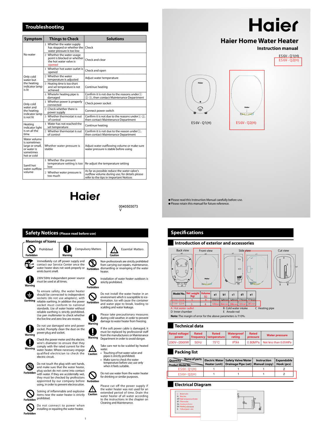 Haier 40503073 instruction manual Troubleshooting, Specications 