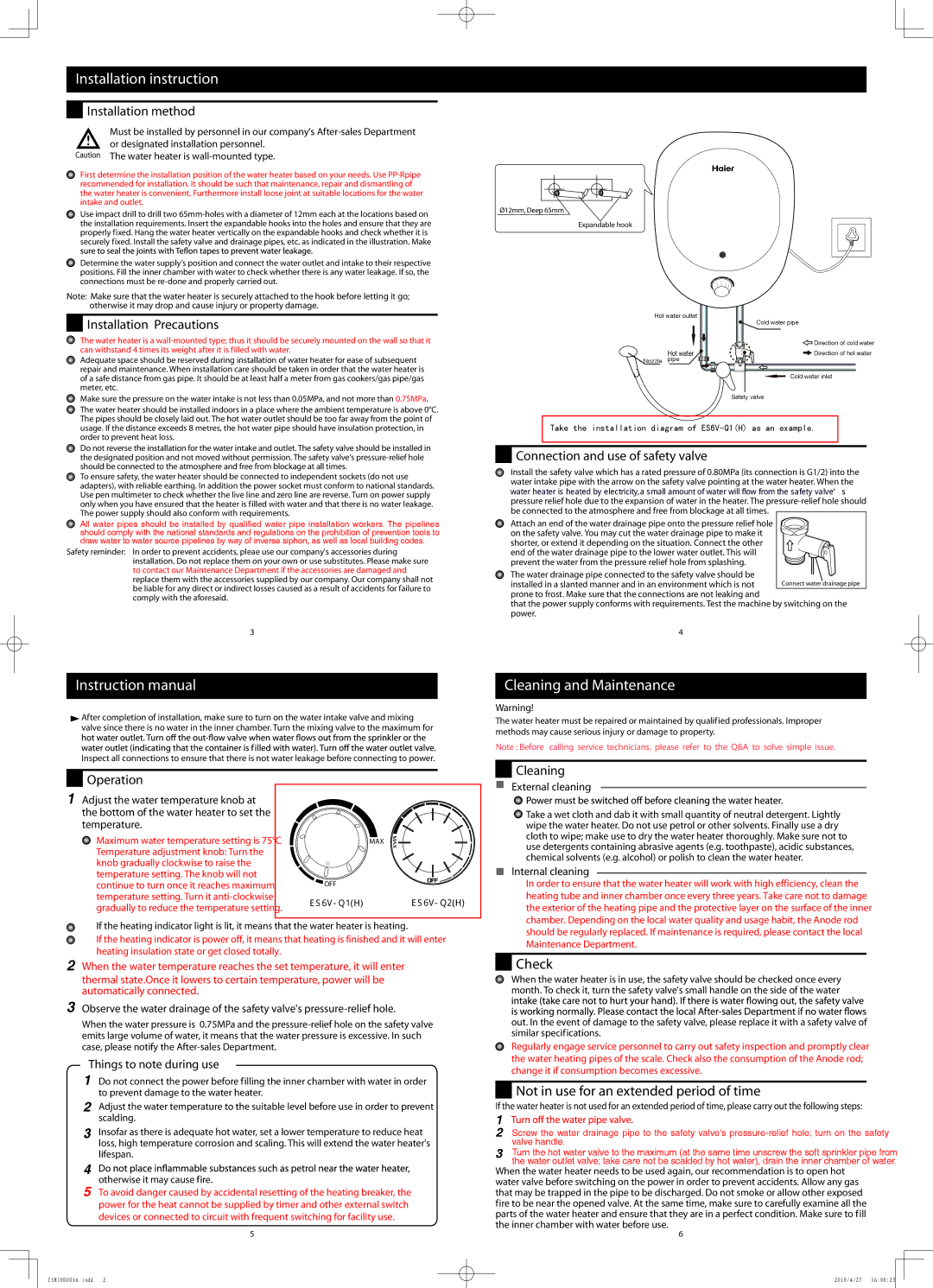 Haier 40503073 instruction manual Installation instruction, Cleaning and Maintenance 