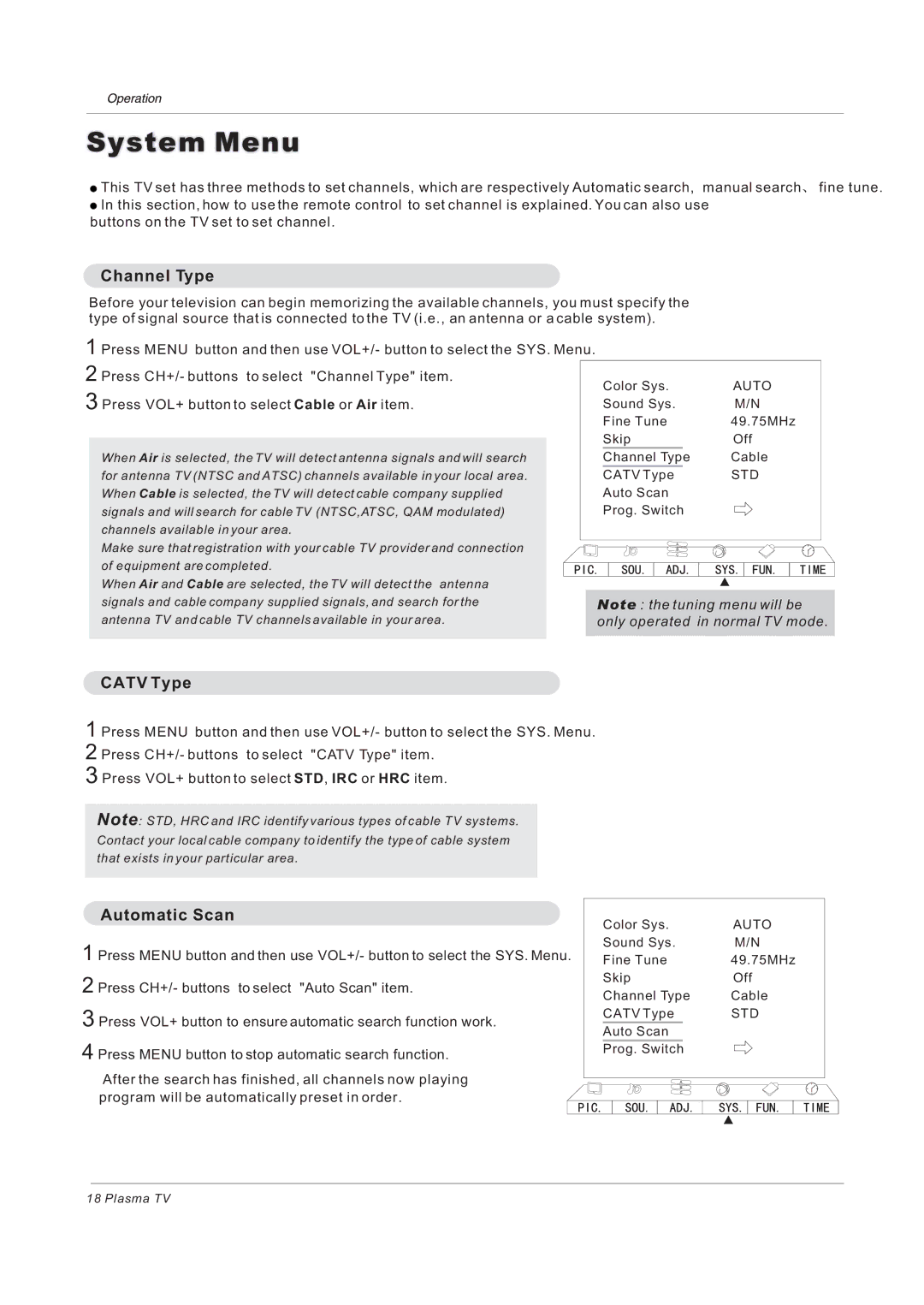 Haier 42EP24STV owner manual System Menu, Press VOL+ button to select Cable or Air item 