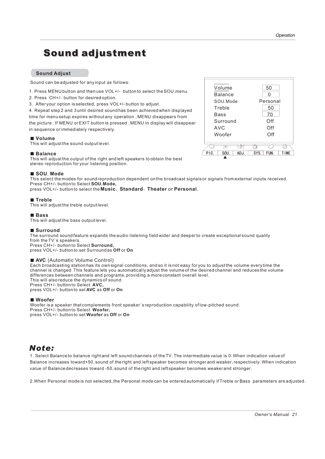 Haier 42EP24STV owner manual Sound adjustment 