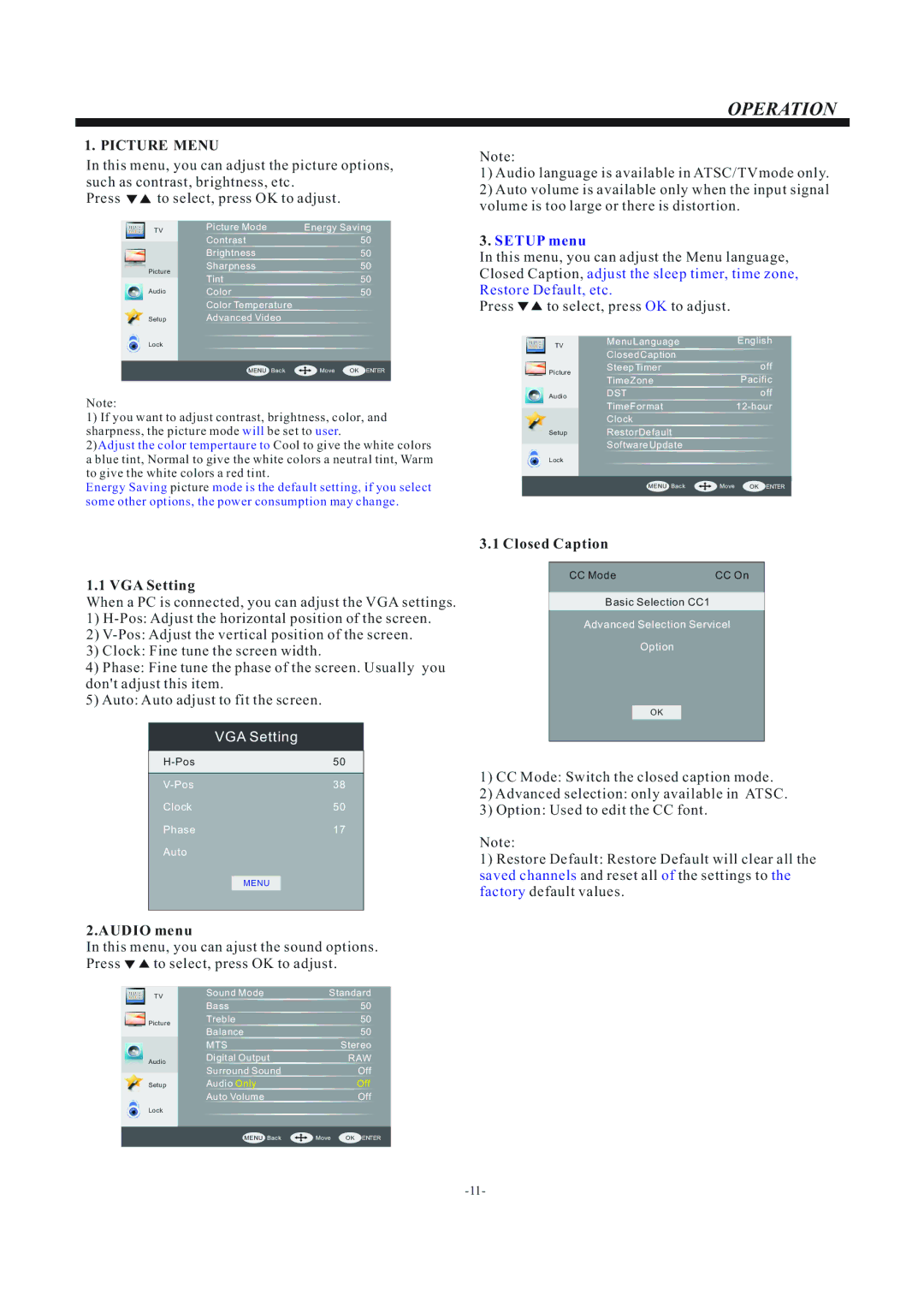 Haier 48D3500 manual Operation, Picture Menu 