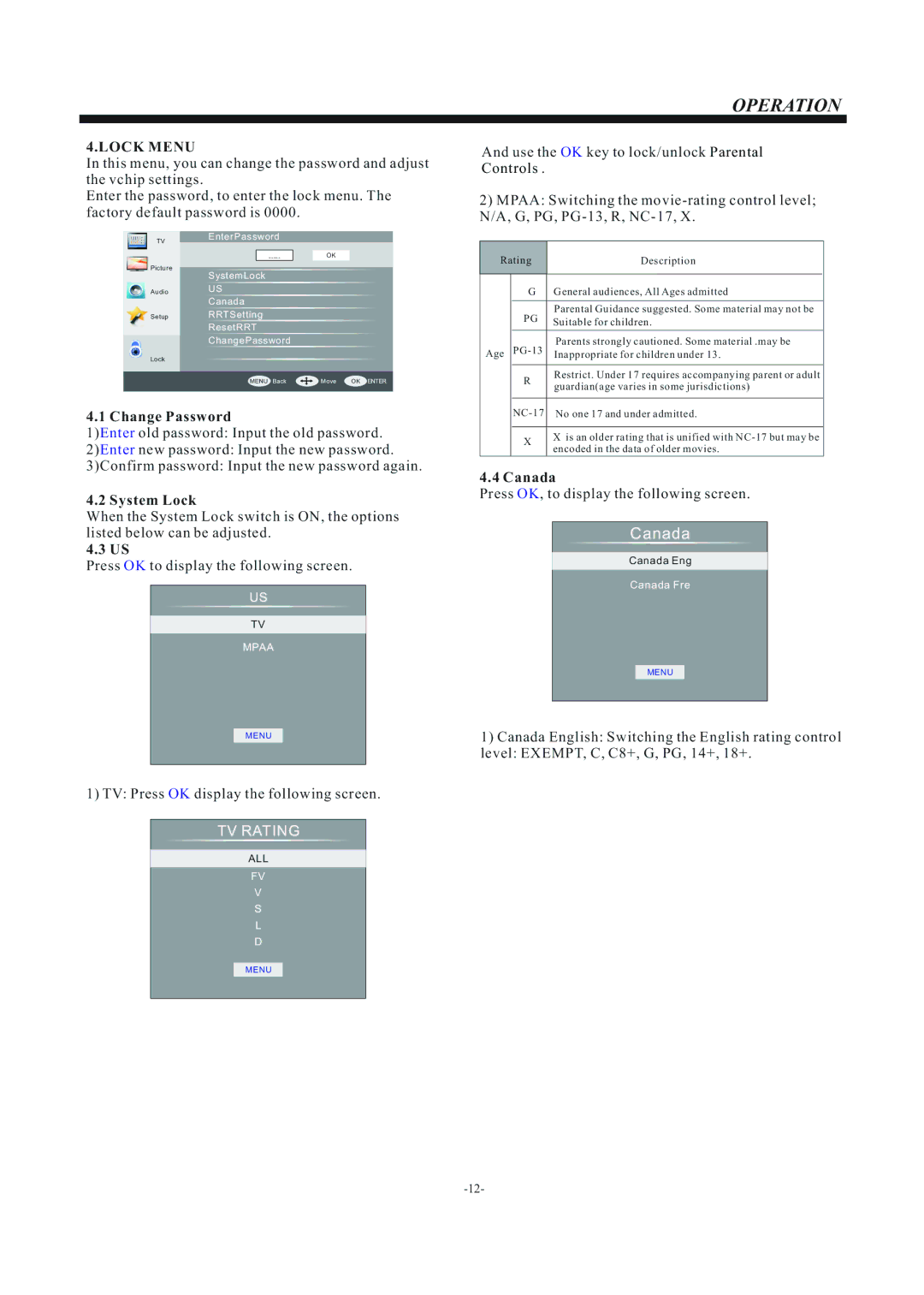 Haier 48D3500 manual Lock Menu, Rating Description 