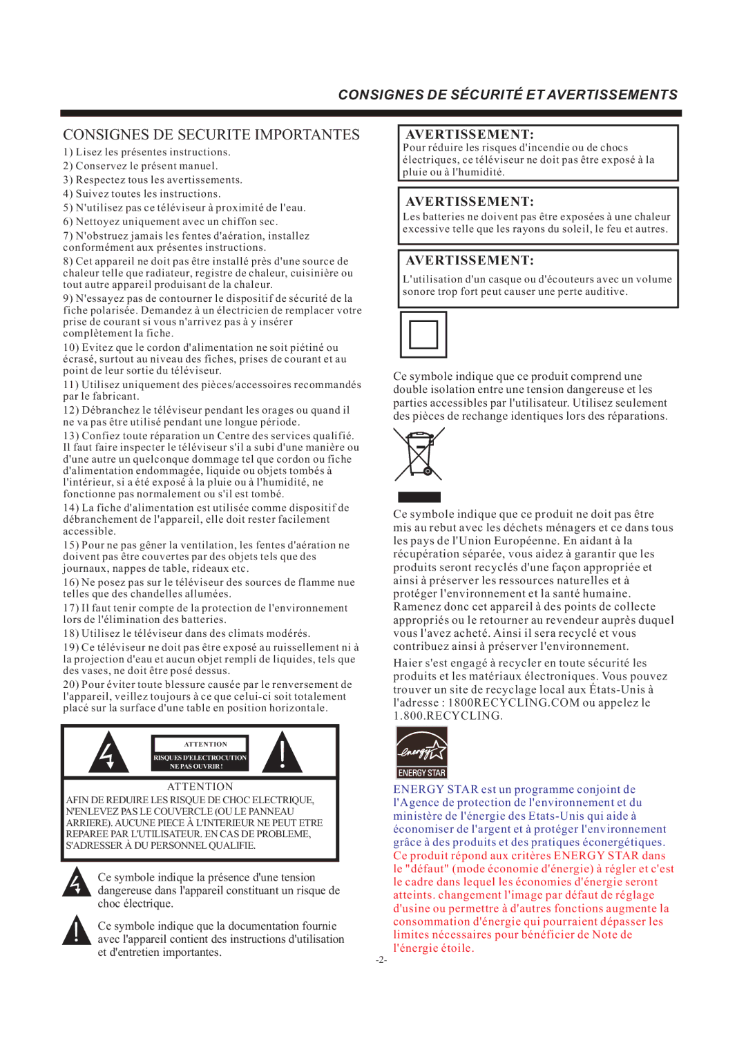 Haier 48D3500 manual Consignes DE Securite Importantes 