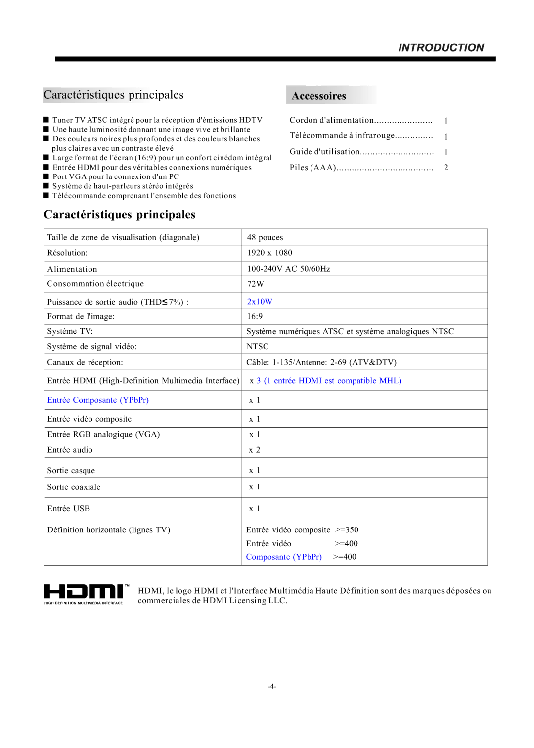 Haier 48D3500 manual Caractéristiques principales, entrée Hdmi est compatible MHL, Entrée Composante YPbPr 