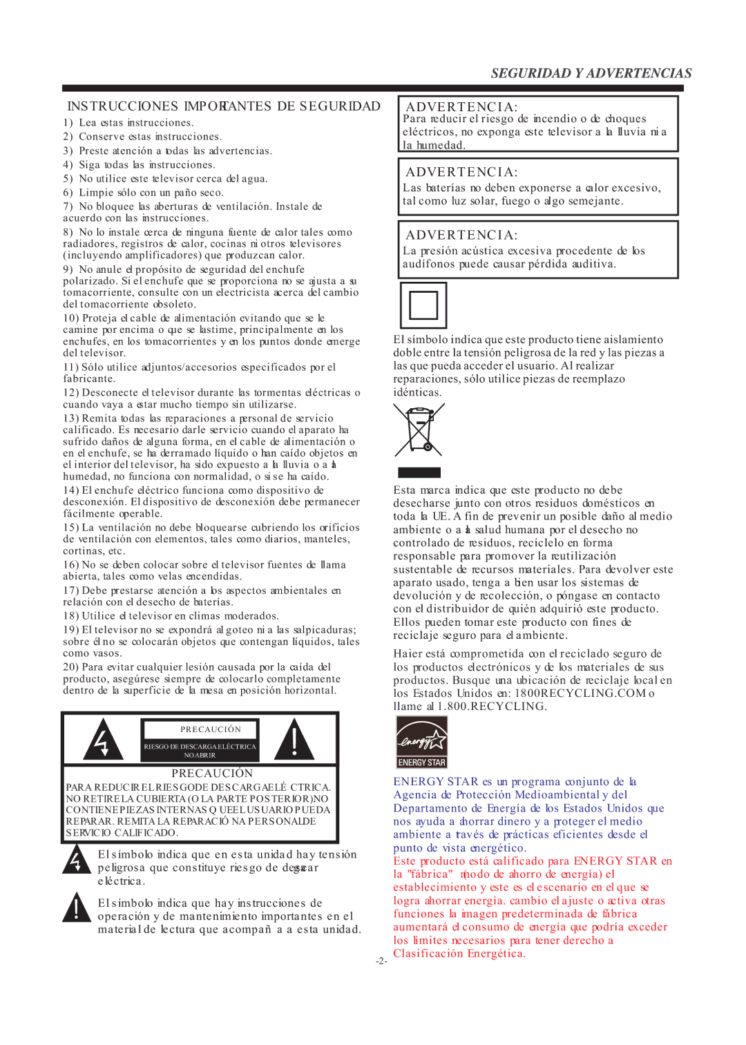 Haier 48D3500 manual Advertencia 