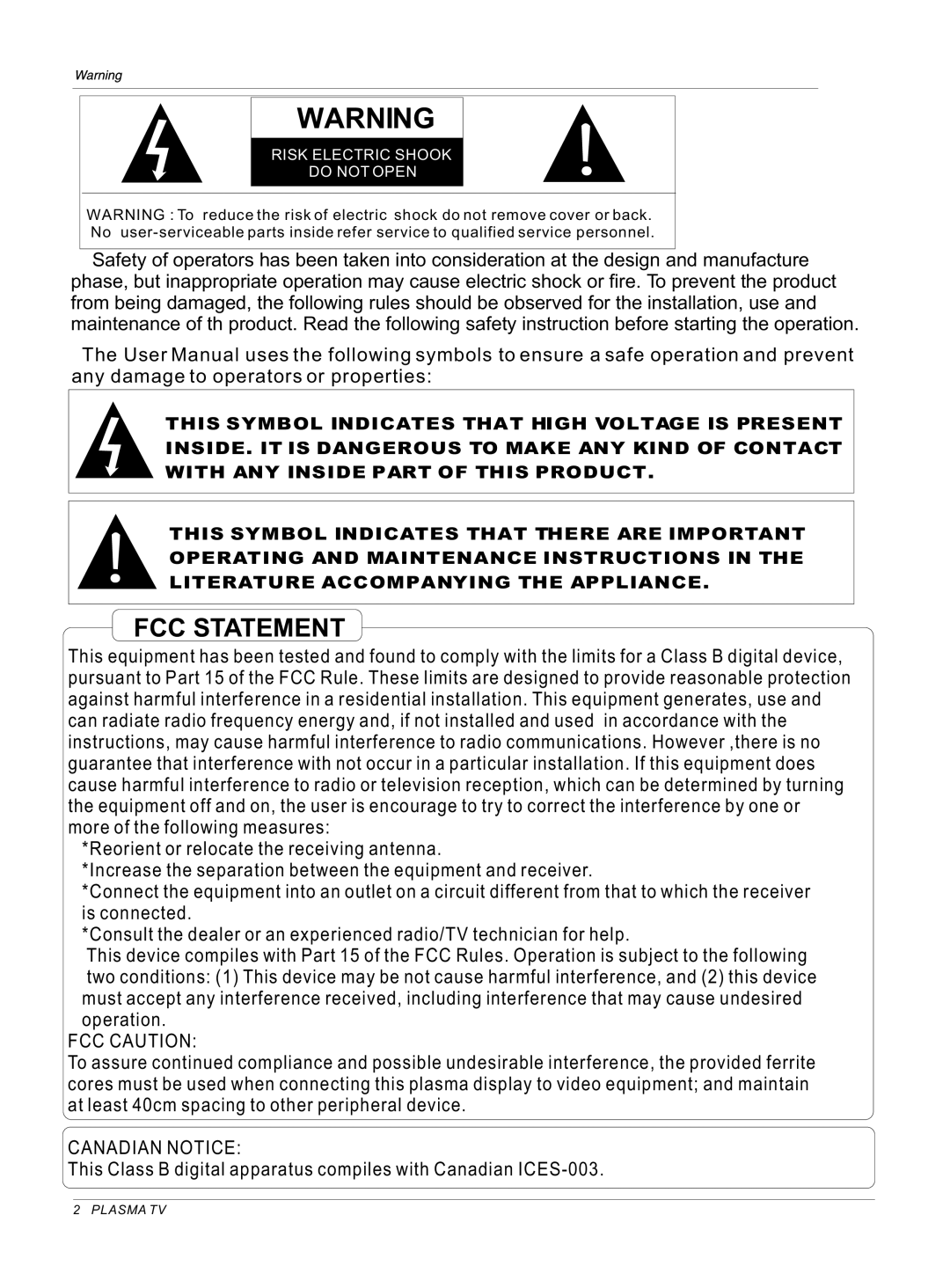 Haier 42EP25BAT, 50HP25BAT, 42EP25SAT owner manual FCC Statement 