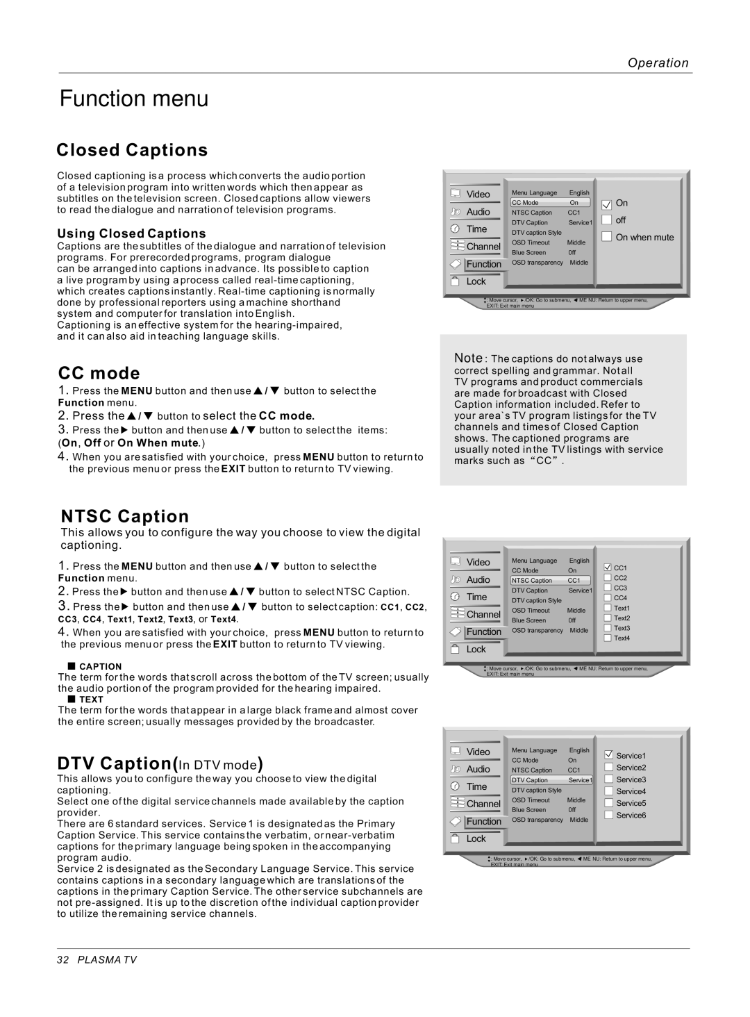 Haier 42EP25BAT, 50HP25BAT, 42EP25SAT Function menu, Closed Captions, CC mode, Ntsc Caption, DTV CaptionIn DTV mode 