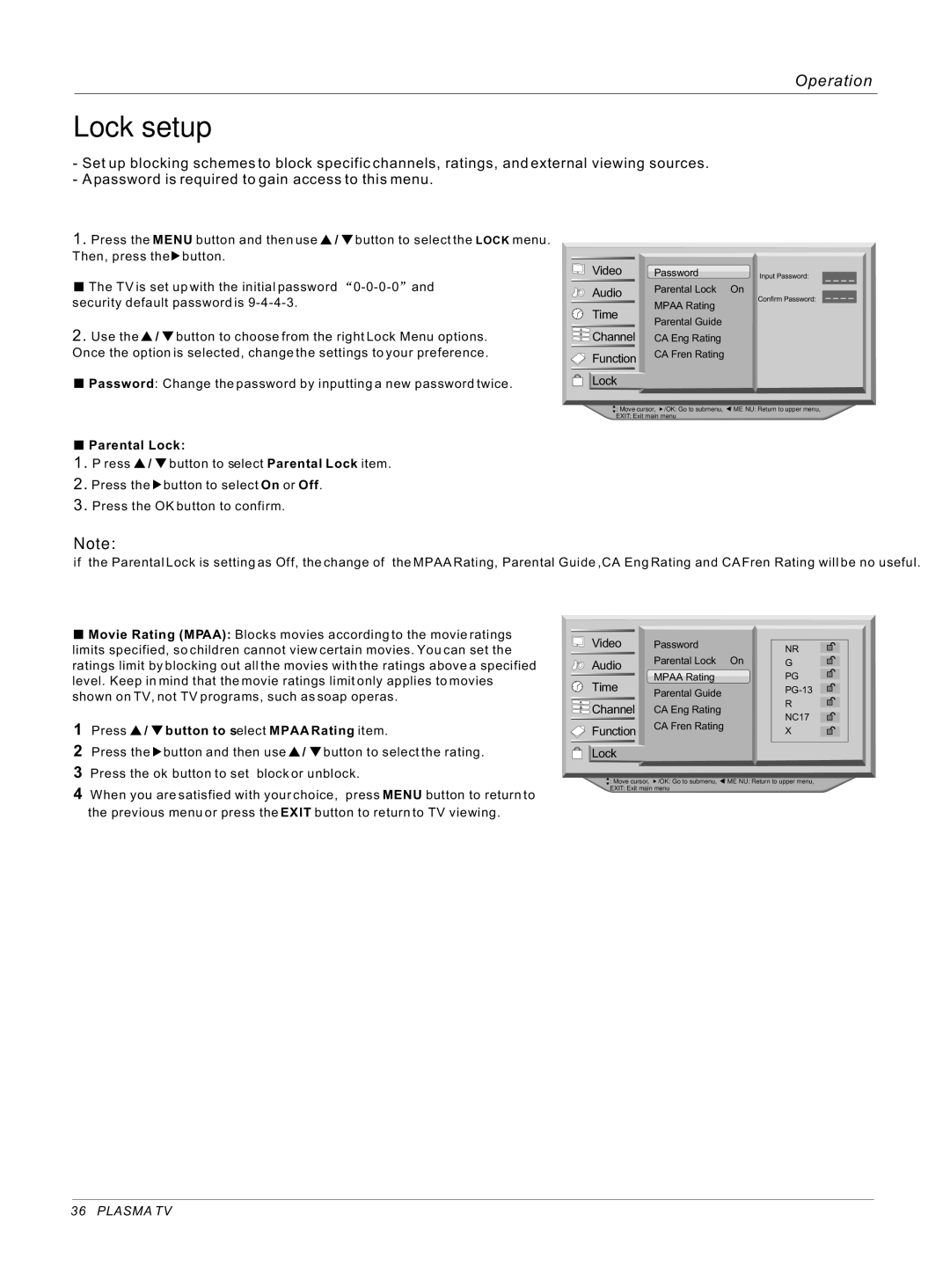 Haier 50HP25BAT, 42EP25SAT, 42EP25BAT owner manual Lock setup, Parental Lock, Press / button to select Mpaa Rating item 