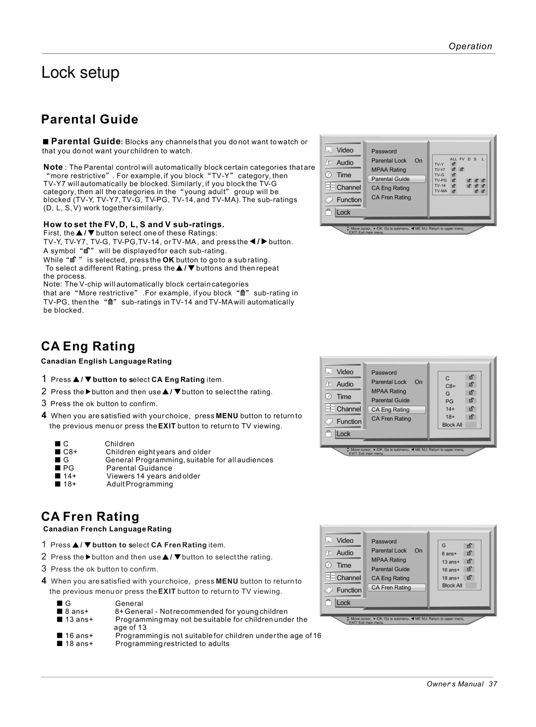 Haier 42EP25SAT, 50HP25BAT Parental Guide, CA Eng Rating, CA Fren Rating, How to set the FV, D, L, S and V sub-ratings 