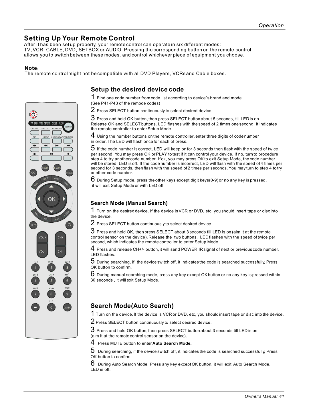 Haier 42EP25BAT, 50HP25BAT, 42EP25SAT Setup the desired device code, Search ModeAuto Search, Search Mode Manual Search 