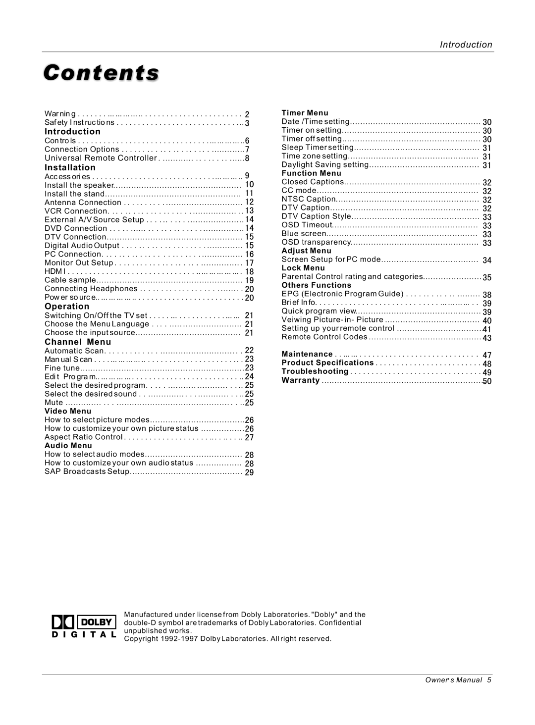 Haier 42EP25BAT, 50HP25BAT, 42EP25SAT owner manual Contents 