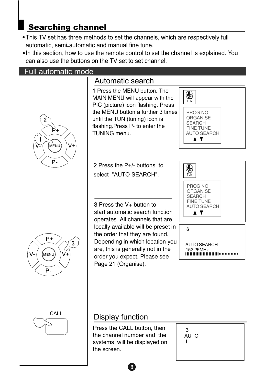 Haier 5115DVD user manual Searching channel, Full automatic mode, Automatic search, Display function 