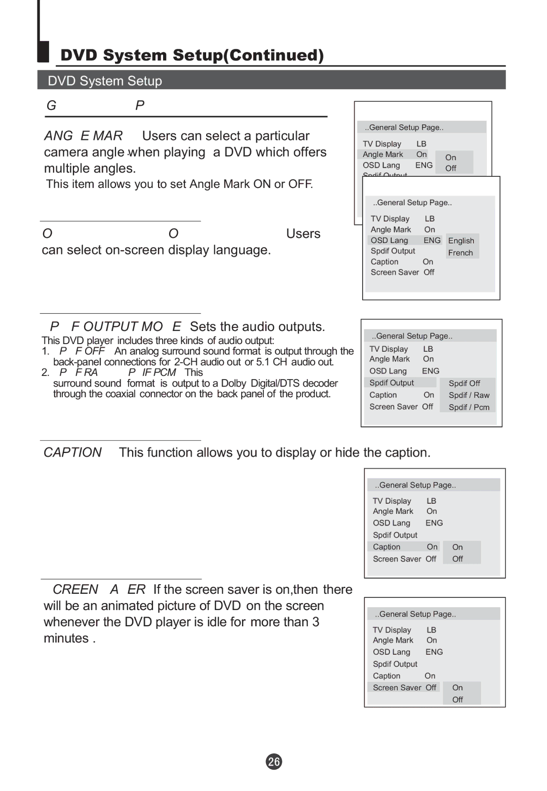 Haier 5115DVD user manual General Setup, On Screen Display OSD Language Users 