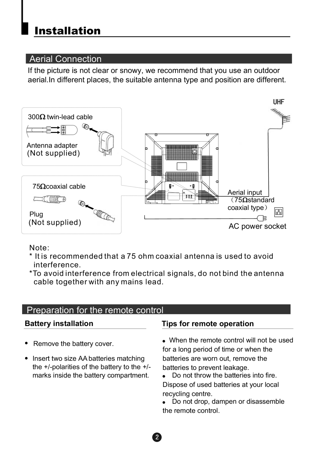 Haier 5115DVD user manual Aerial Connection, Preparation for the remote control, Not supplied 