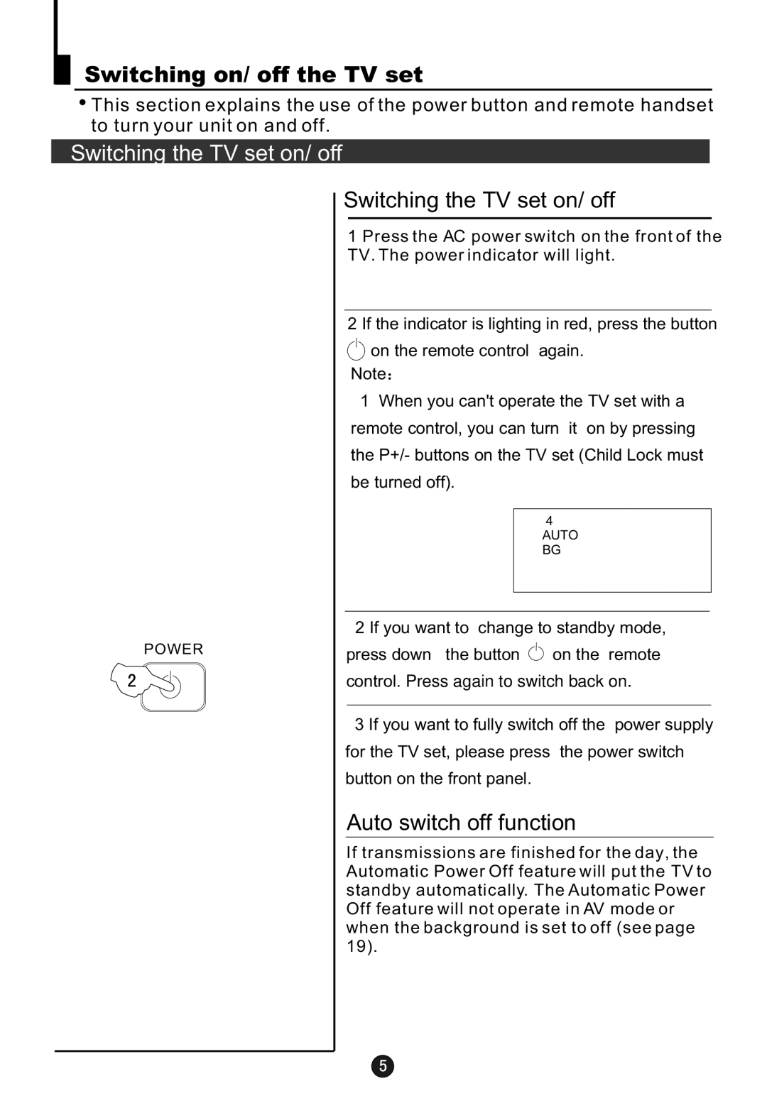 Haier 5115DVD user manual Switching on/ off the TV set, Switching the TV set on/ off, Auto switch off function 