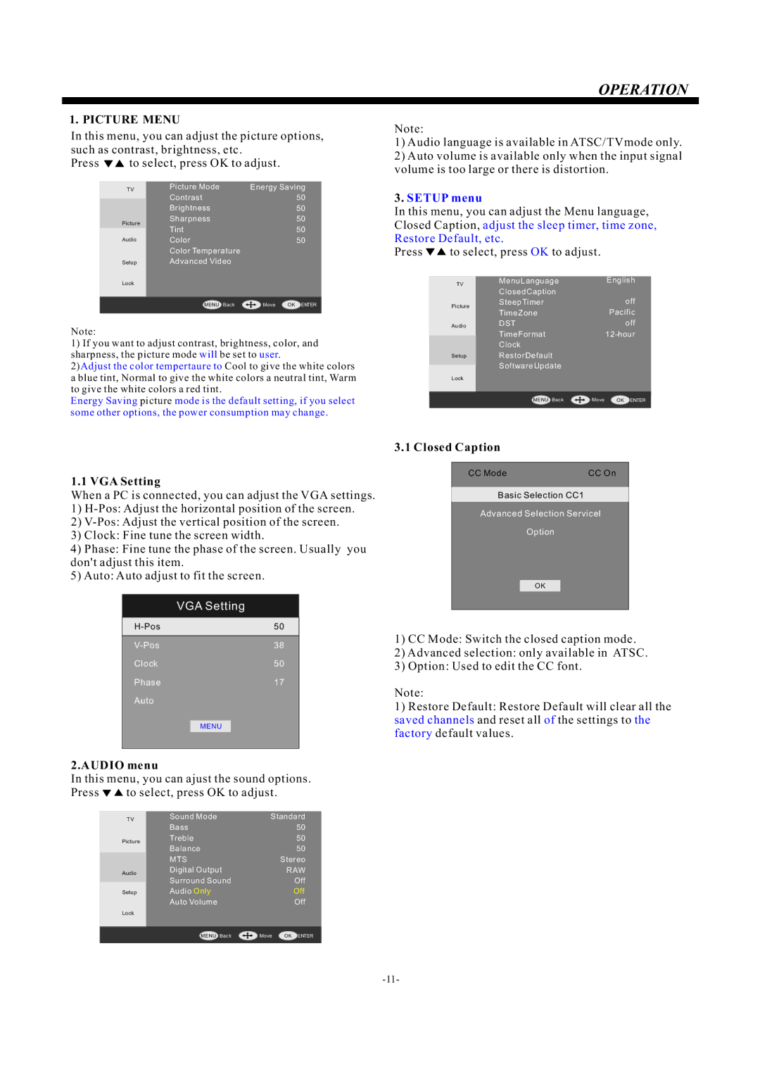 Haier 55D3550 manual Operation, Picture Menu 