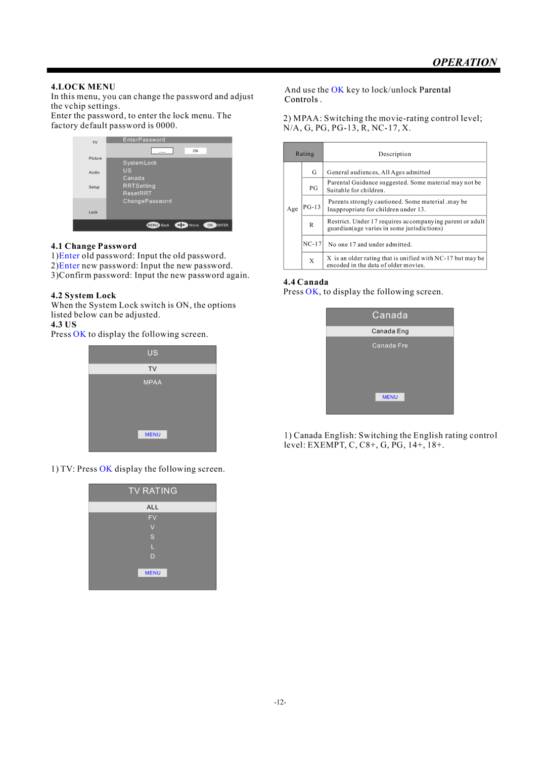 Haier 55D3550 manual Lock Menu, Rating Description 