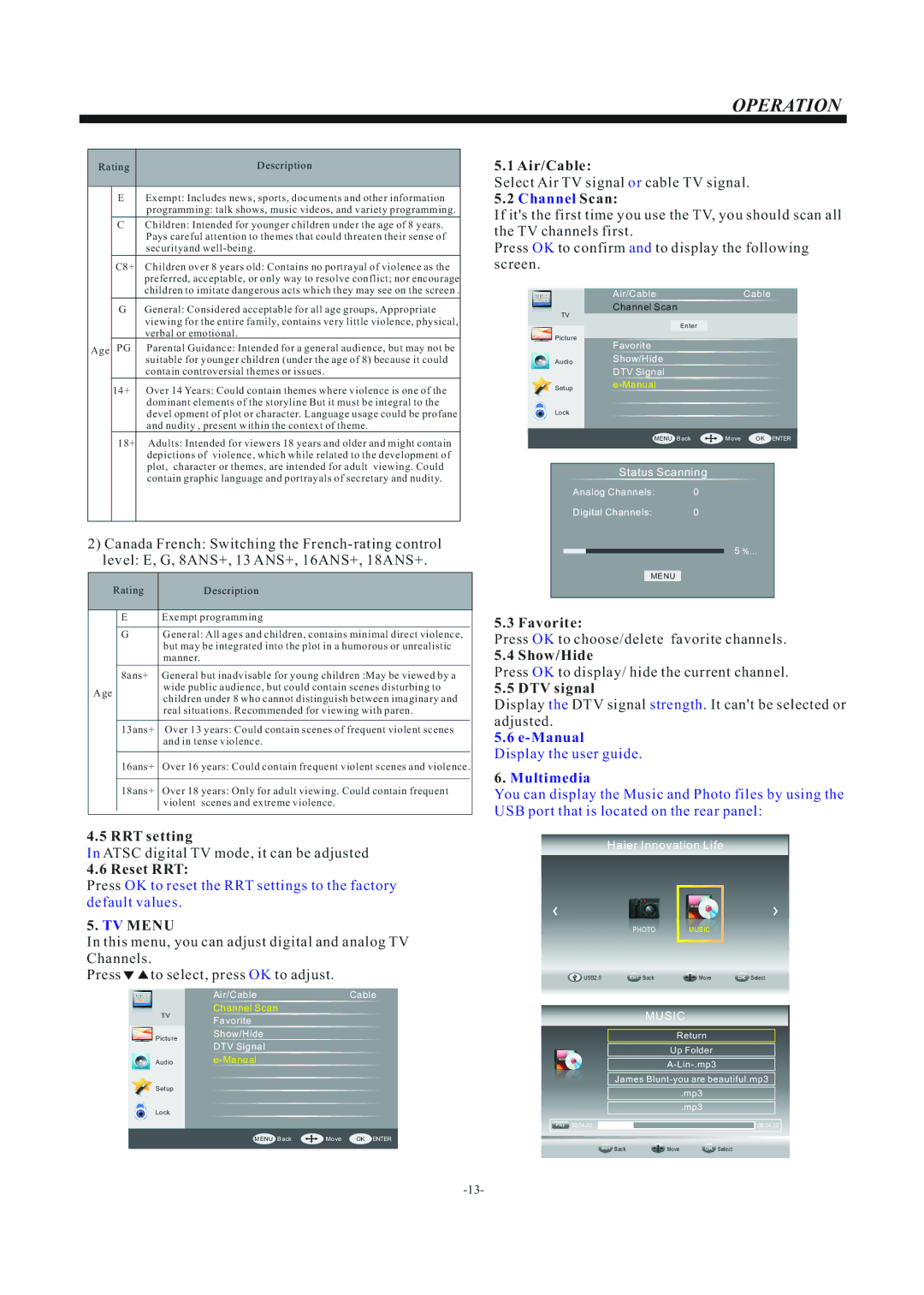 Haier 55D3550 manual TV Menu, Display the user guide 