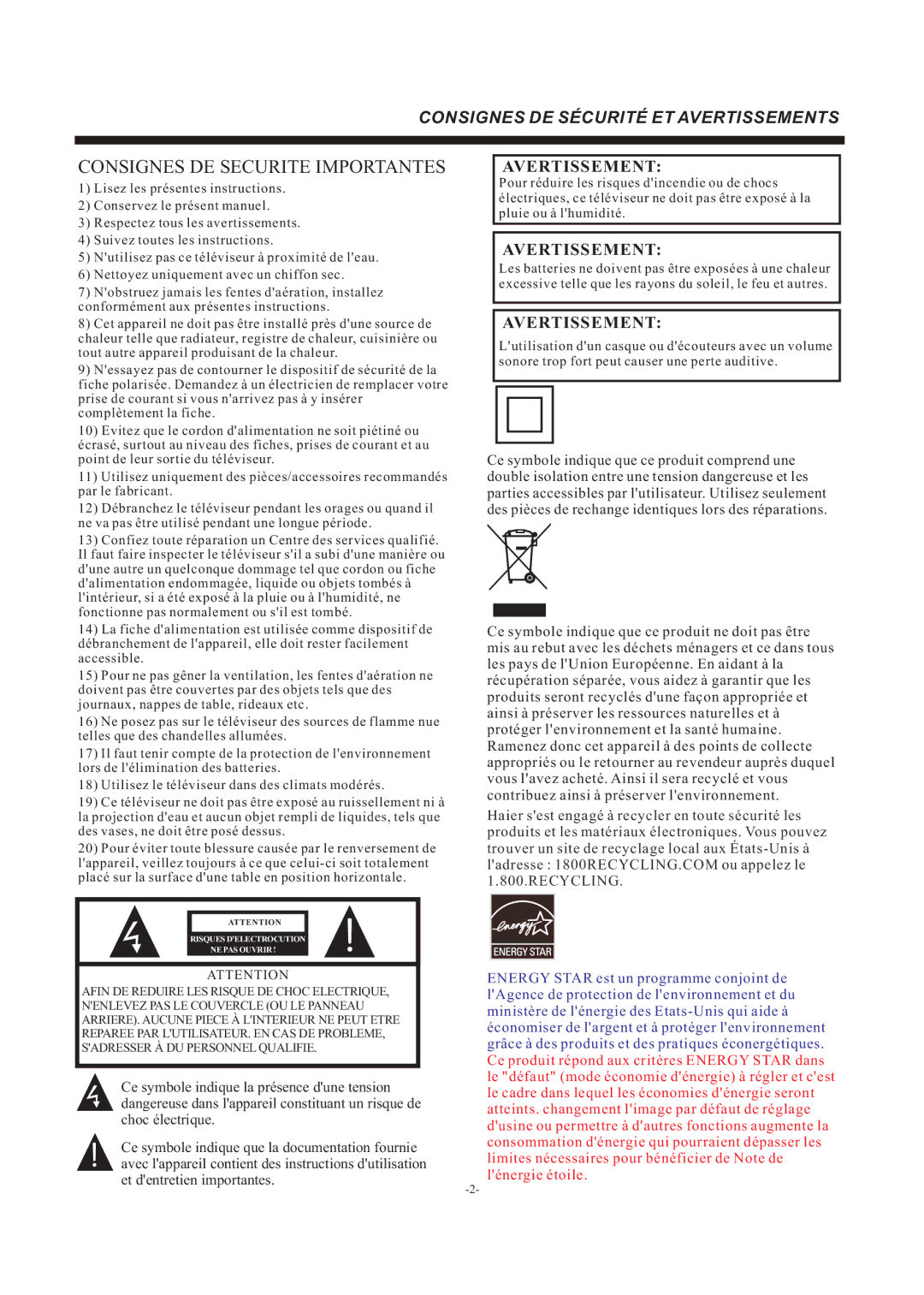 Haier 55D3550 manual Consignes DE Securite Importantes 