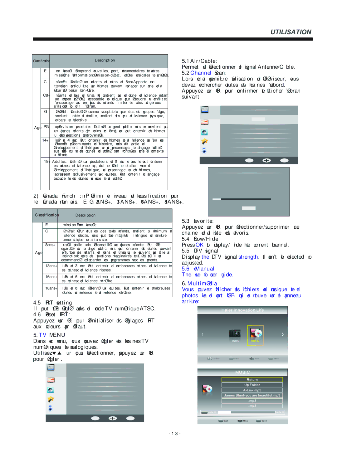 Haier 55D3550 manual Use of user guide, Vous pouvez afficher les fichiers de musique et de, Arrière 