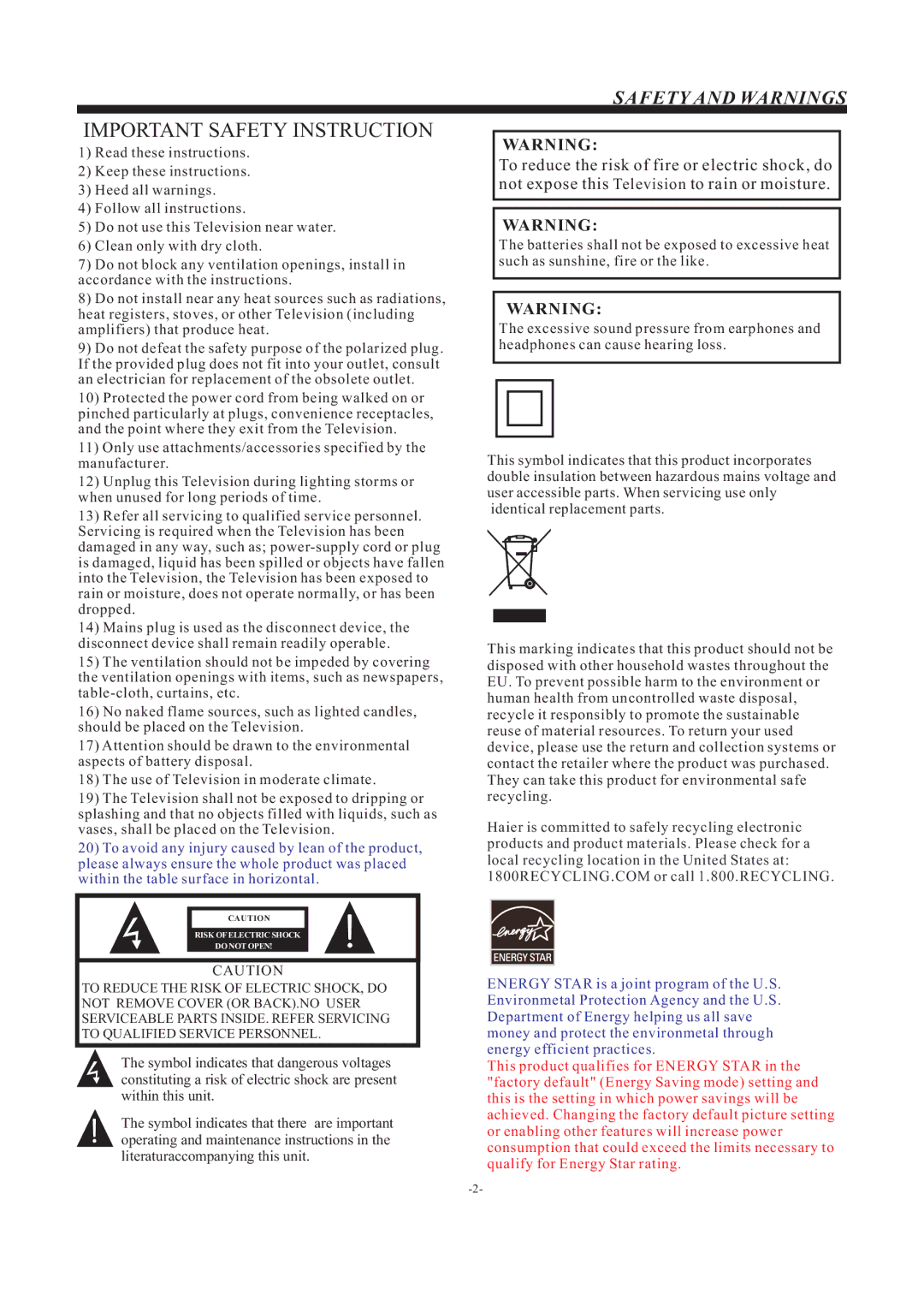 Haier 55D3550 manual Important Safety Instruction 